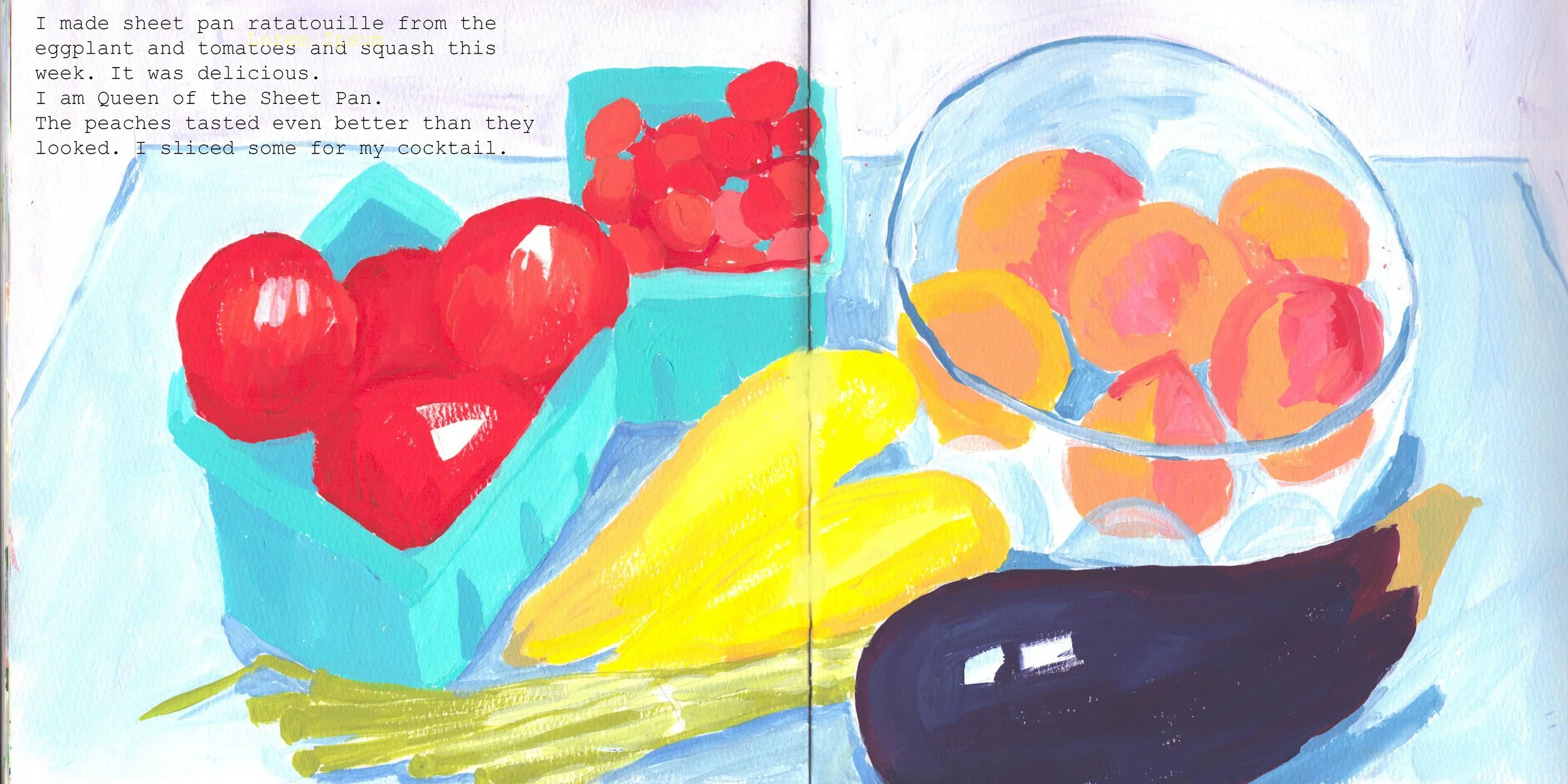 A painting of fresh fruits, including a blue container with red strawberries, a glass bowl with peaches, bananas, and a dark eggplant, set on a blue surface.