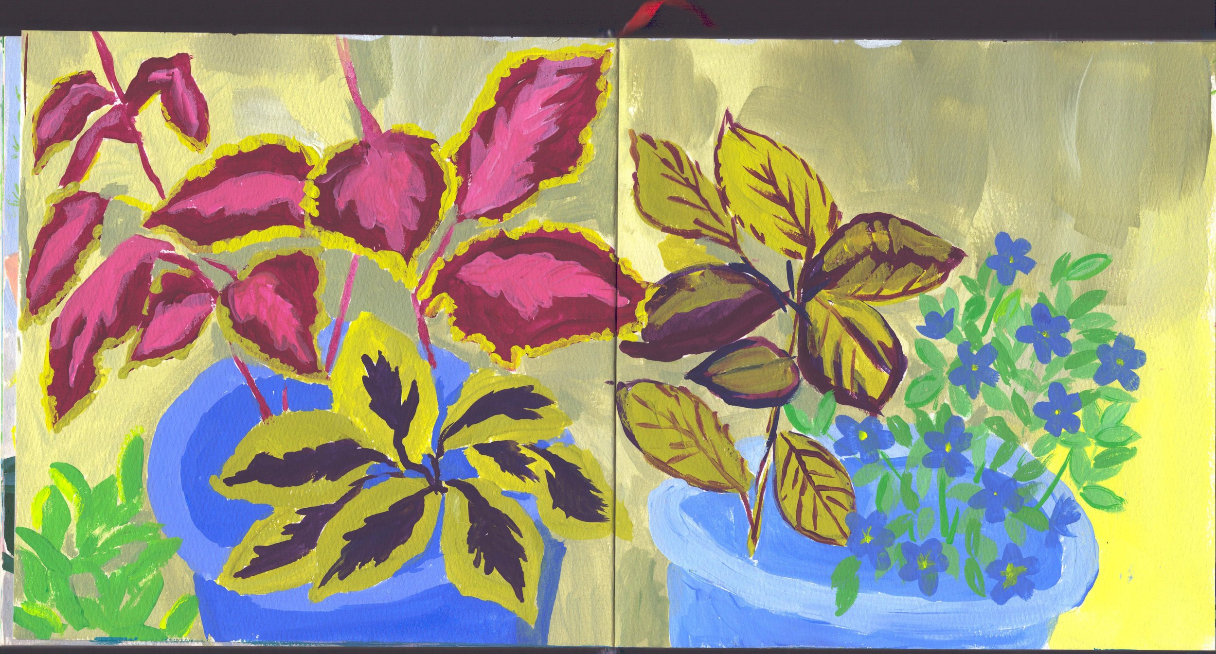 Painting of potted plants with colorful leaves and flowers, including red, yellow, and green foliage and blue flowers, arranged in a split composition.