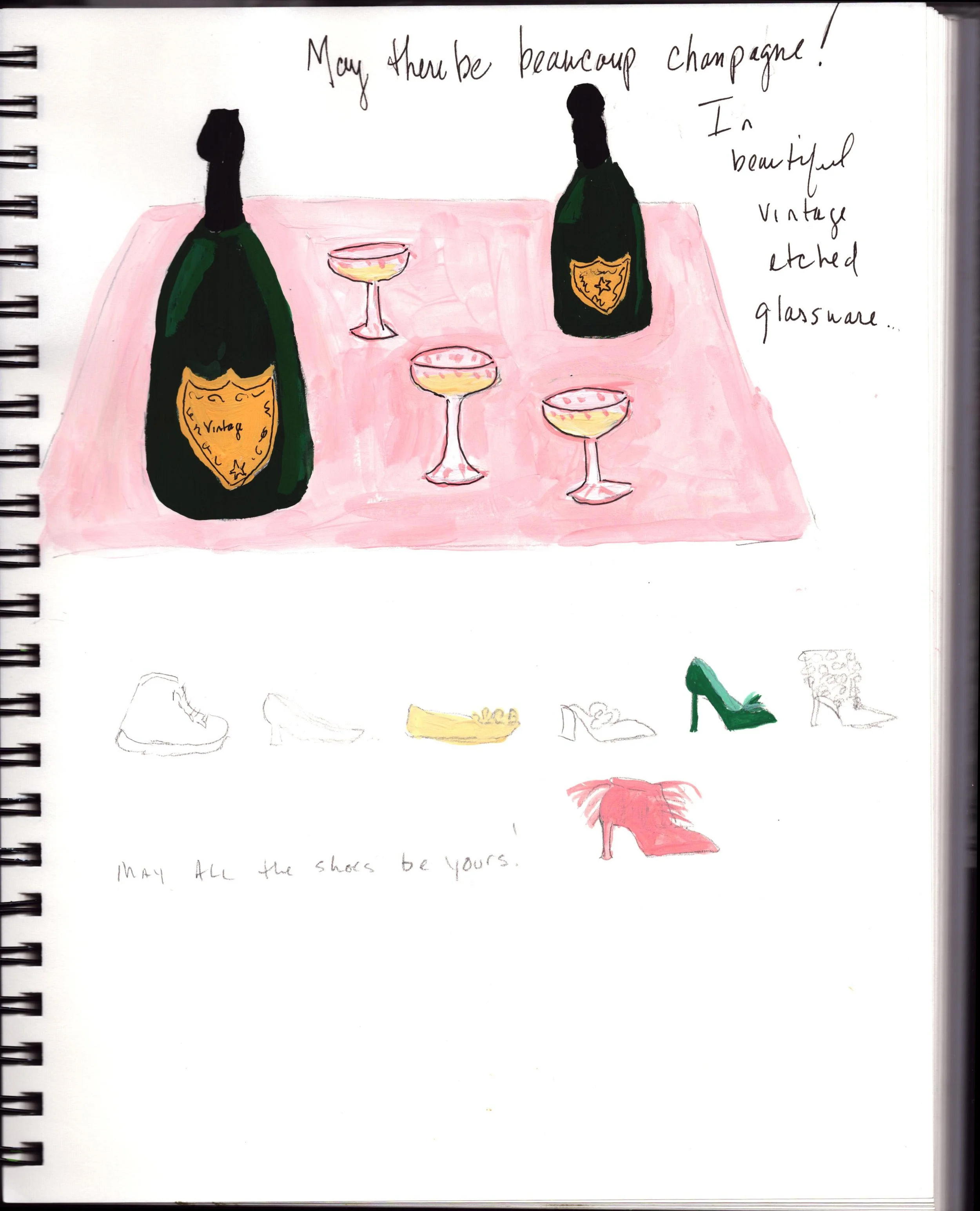 A sketch of champagne bottles and glasses on a pink tablecloth, with handwritten notes about vintage etched glassware and shoes at the bottom.