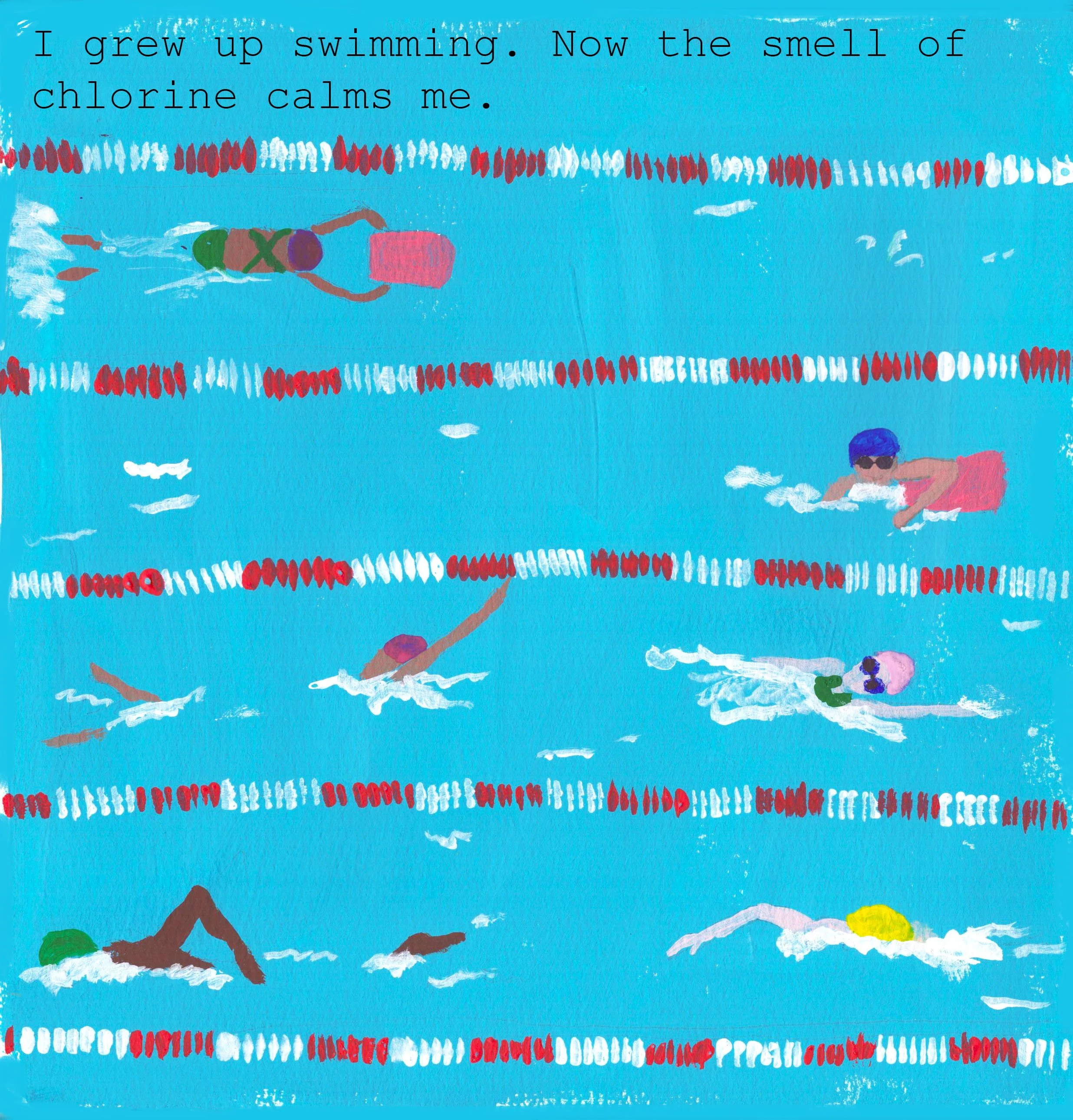 Swimmers in a pool, with lane dividers and one swimmer with goggles and a swim cap.