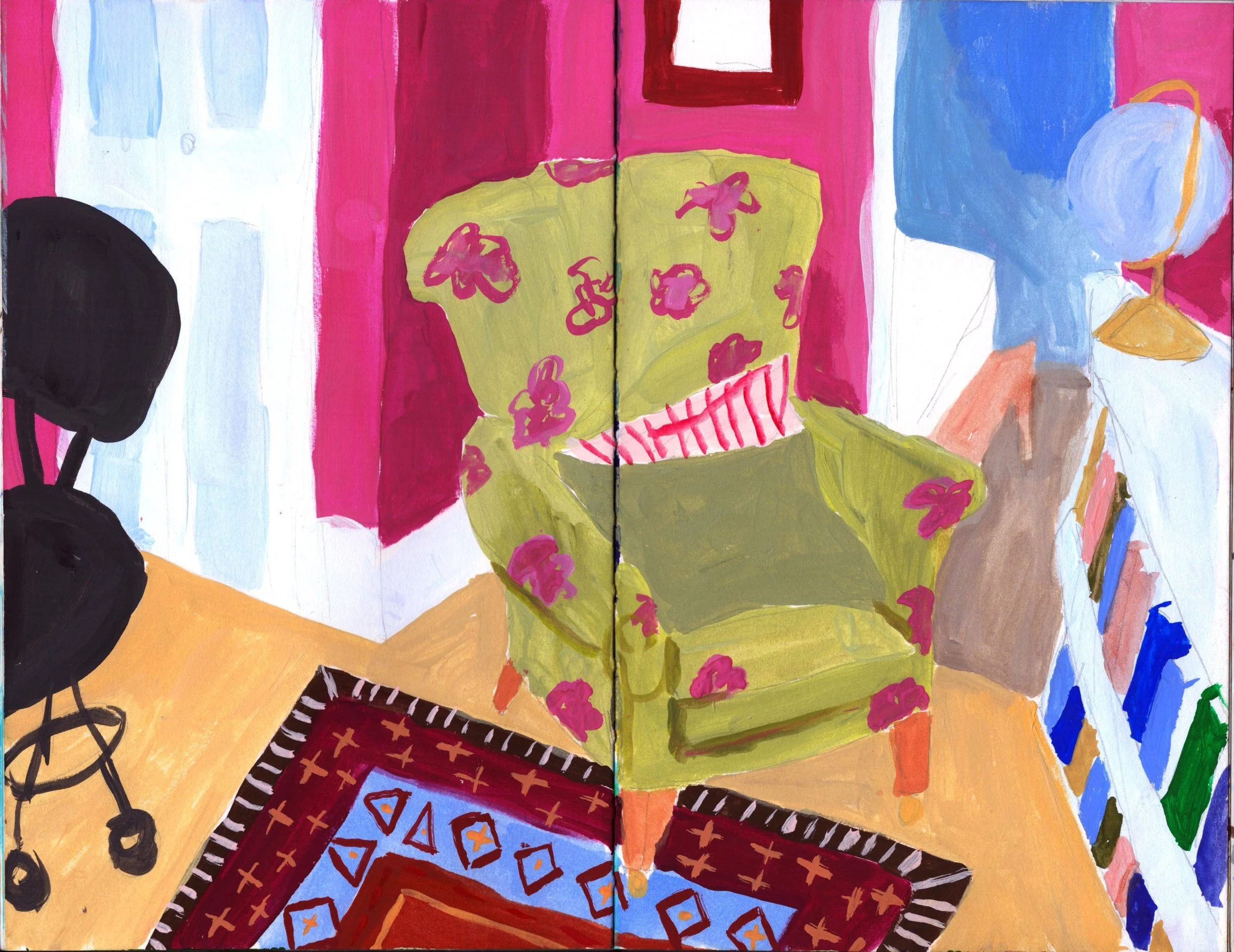 An interior scene featuring a green chair with pink floral patterns, a multicolored bookshelf, a red patterned rug, and a yellowish-beige floor with pink walls and a pink door in the background.