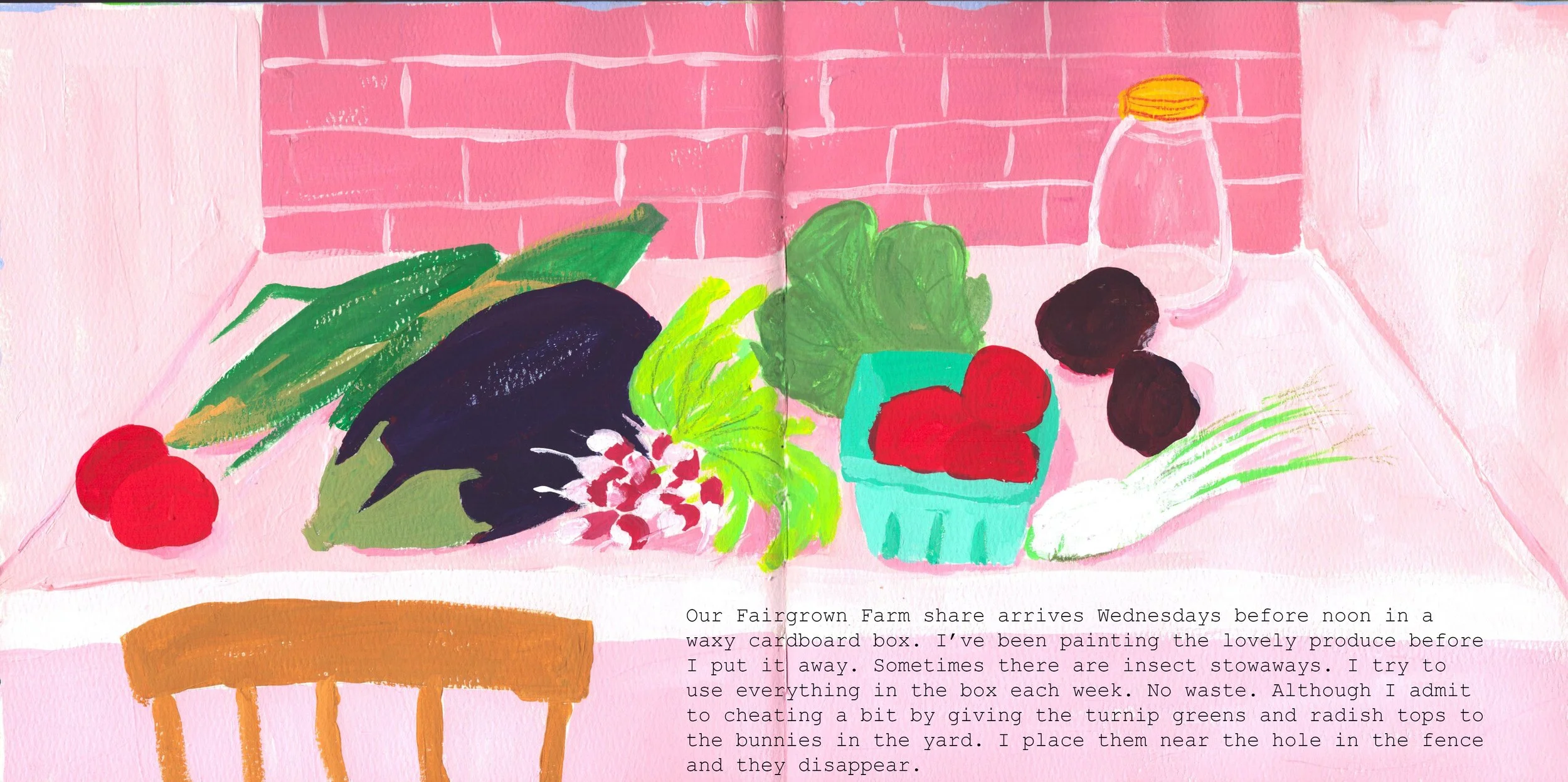 A colorful painting of various vegetables and a jar on a pink table with a pink brick wall background. Includes zucchini, leafy greens, radishes, onions, and a leek.