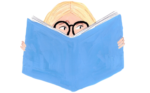 A person with blonde hair and glasses reading a large blue book, with only their eyes and hands visible.