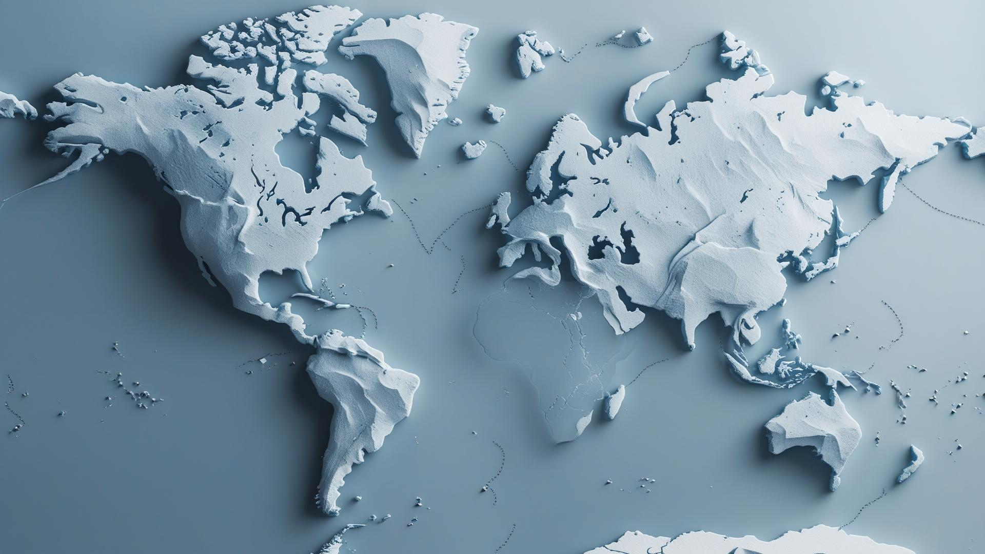 3D map of the world with continents carved out of white material, placed on a light blue background.