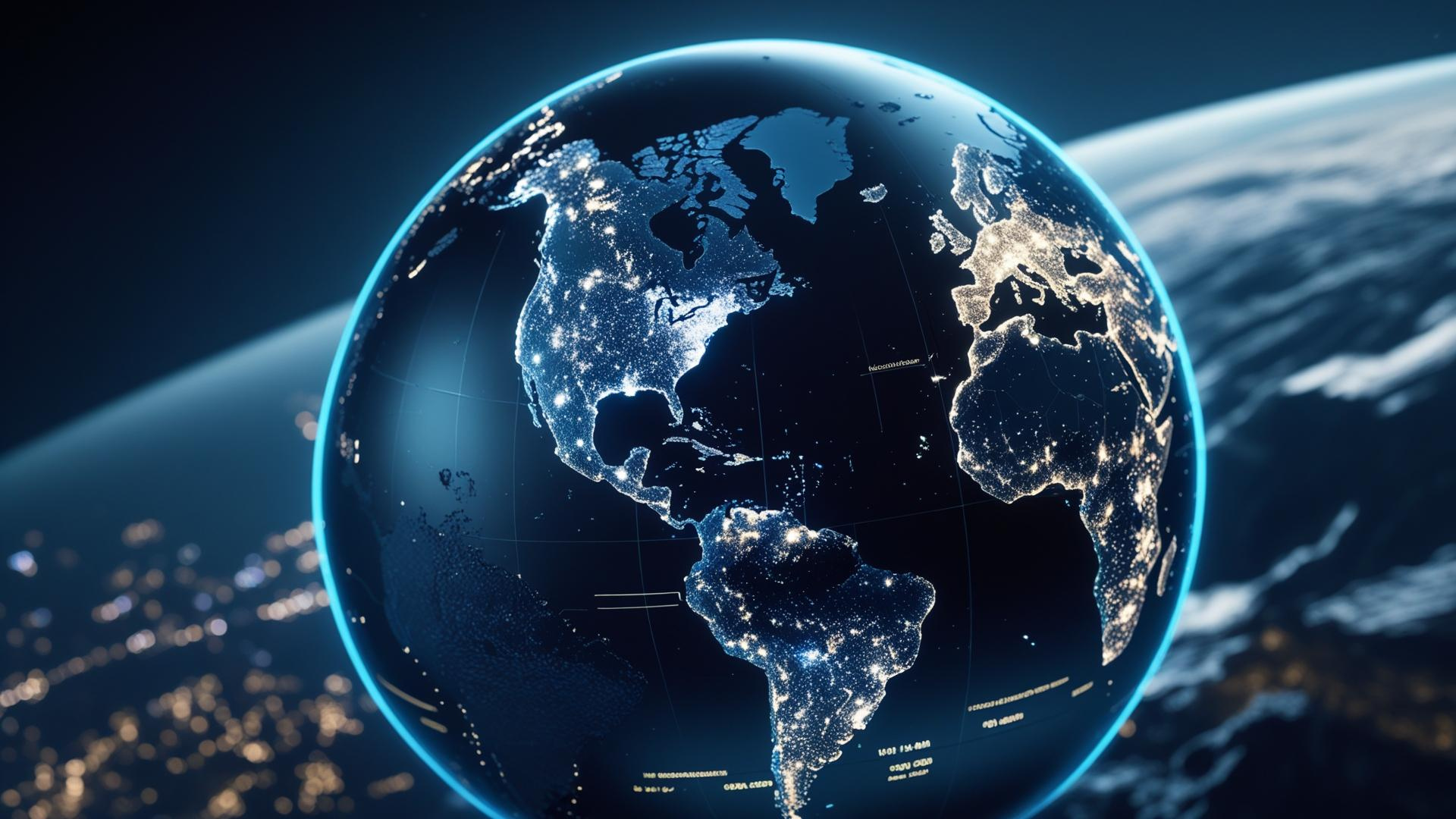 A digital globe showing North and South America with city lights illuminated, set against space with Earth's atmosphere visible in the background.