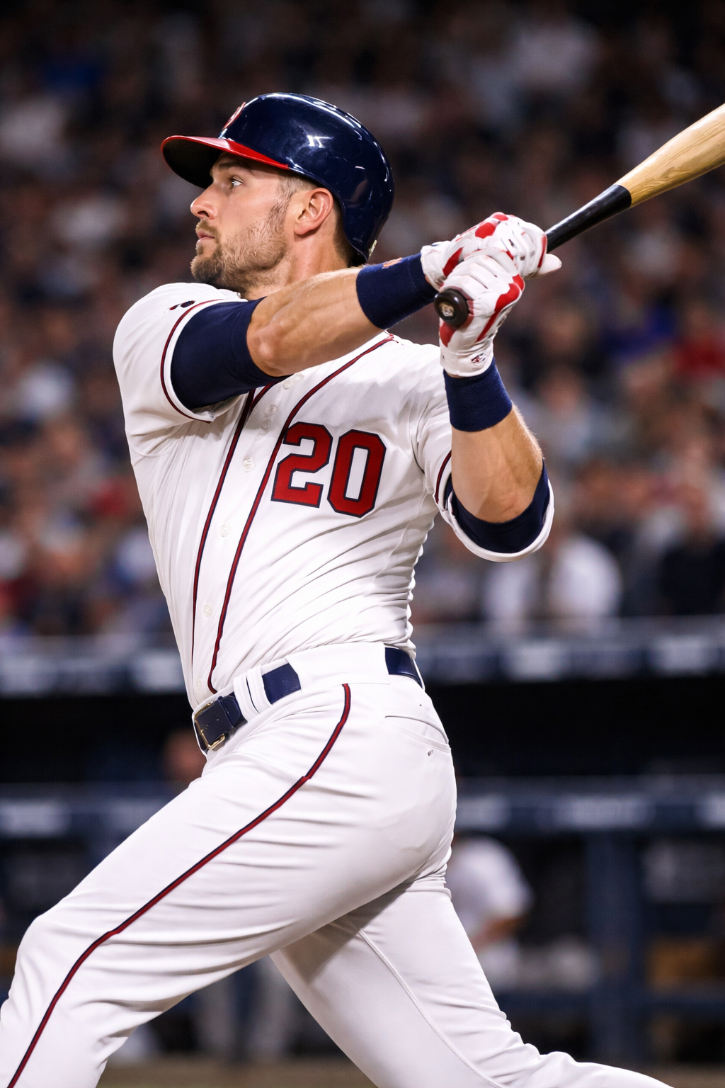 A baseball player in a white uniform with the number 20, wearing a dark blue helmet, swinging a bat during a game.