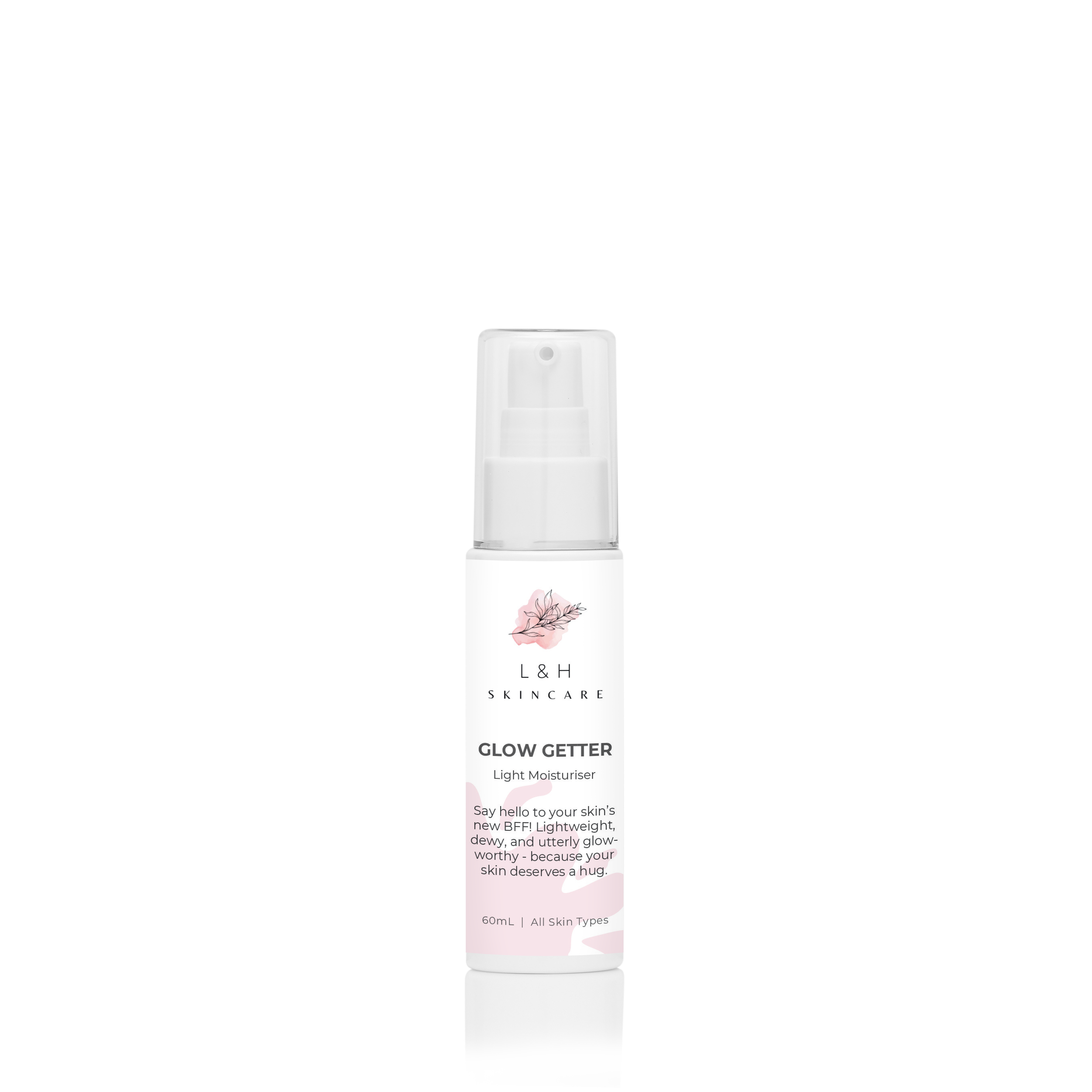 A white bottle of L&H Skincare Glow Getter Light Moisturiser with a pump dispenser, featuring a pink floral design and black text.