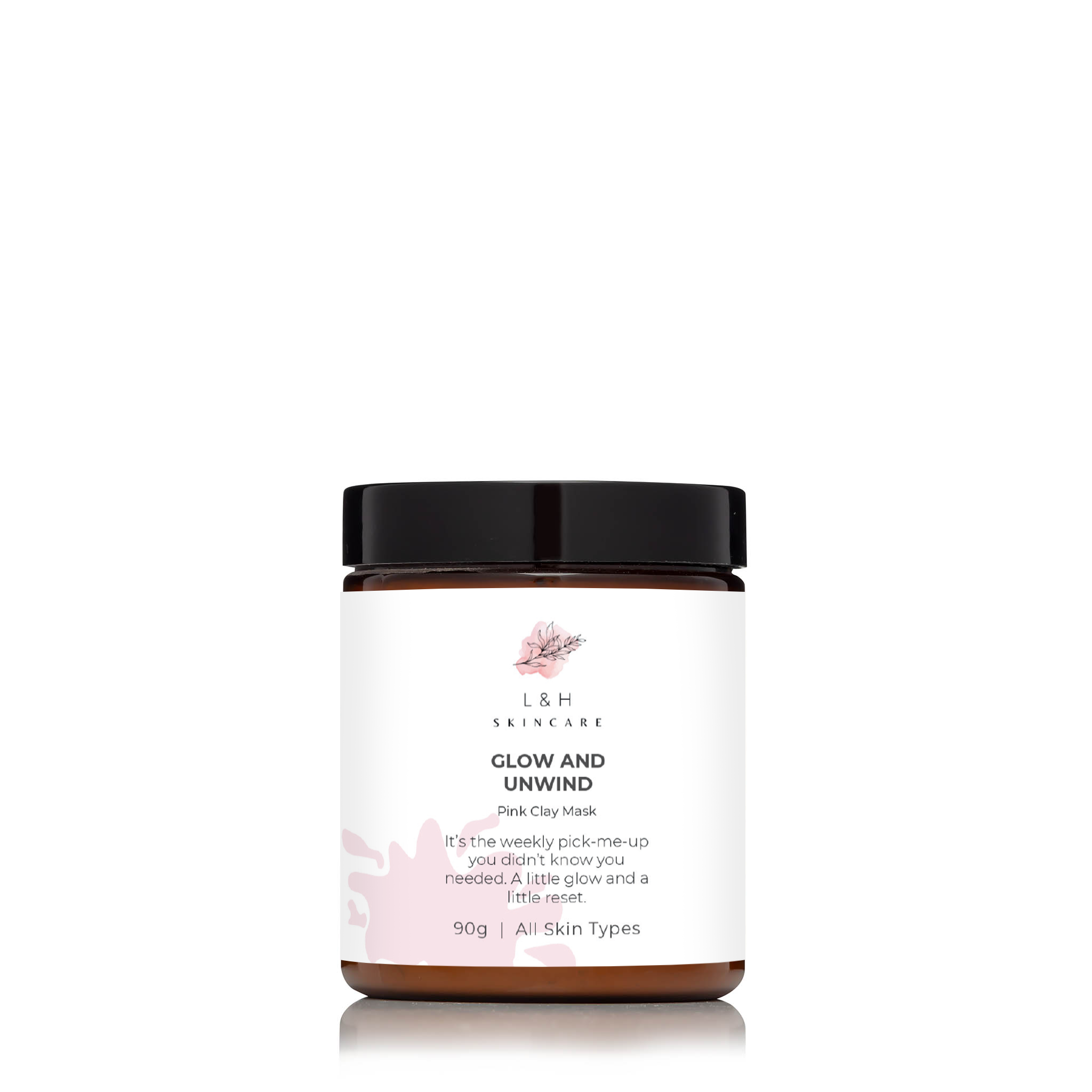 A jar of L&H SKINCARE GLOW AND UNWIND Pink Clay Mask on a plain white background.