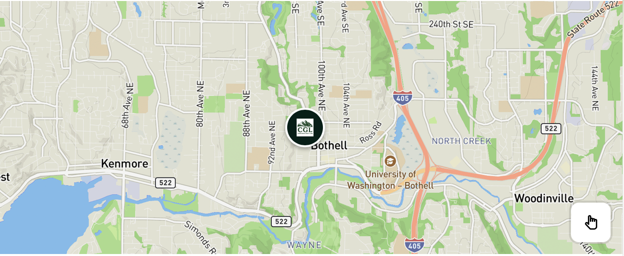 Map of Bothell, Washington showing roads, green parks, a lake, and the University of Washington Bothell campus.