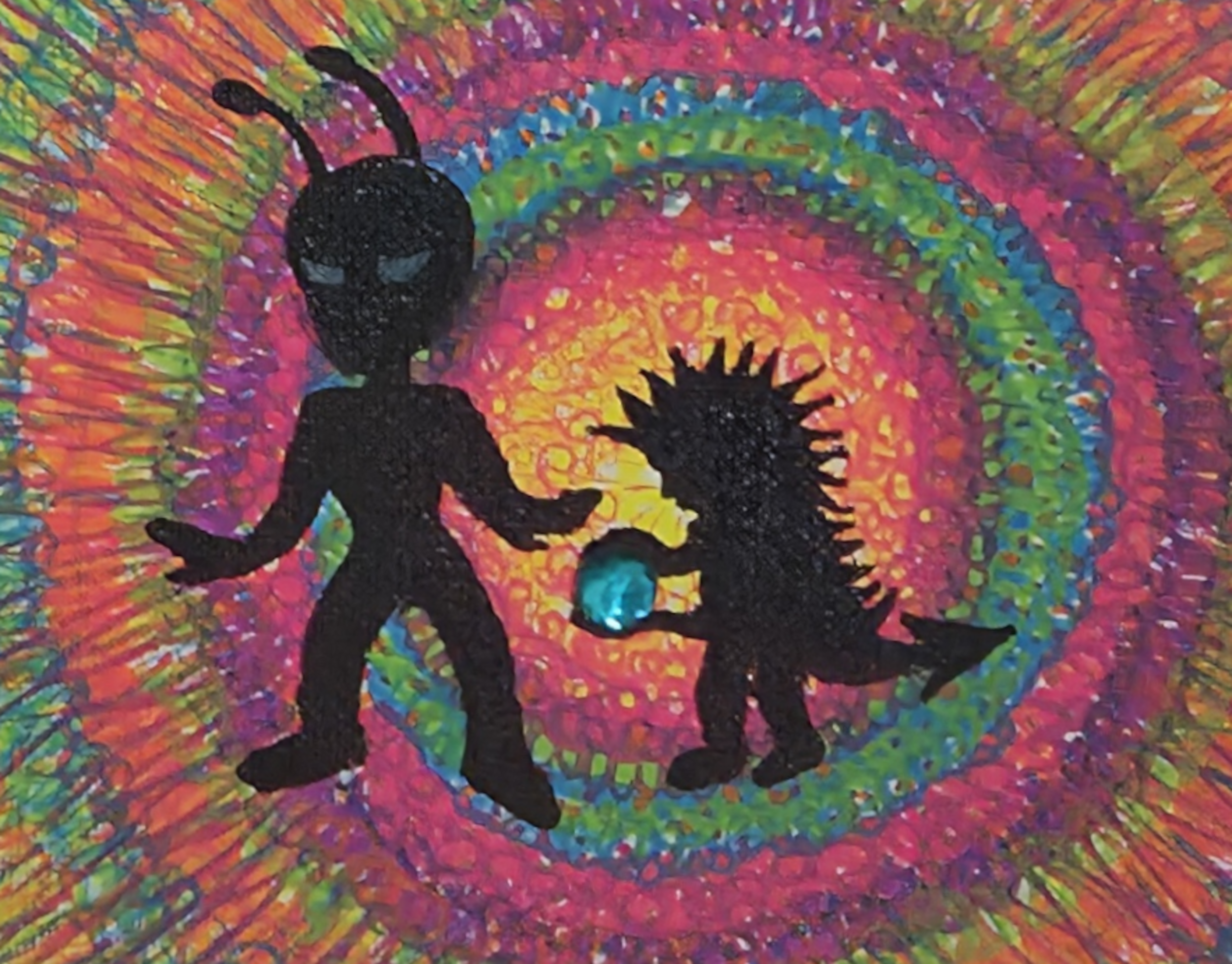 Silhouettes of an alien and a creature exchanging a glowing blue sphere, set against a vibrant, multicolored, abstract background with spiral patterns.
