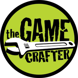 Logo of The Game Crafter featuring a circular green background with black text and a stylized game knife in the center.