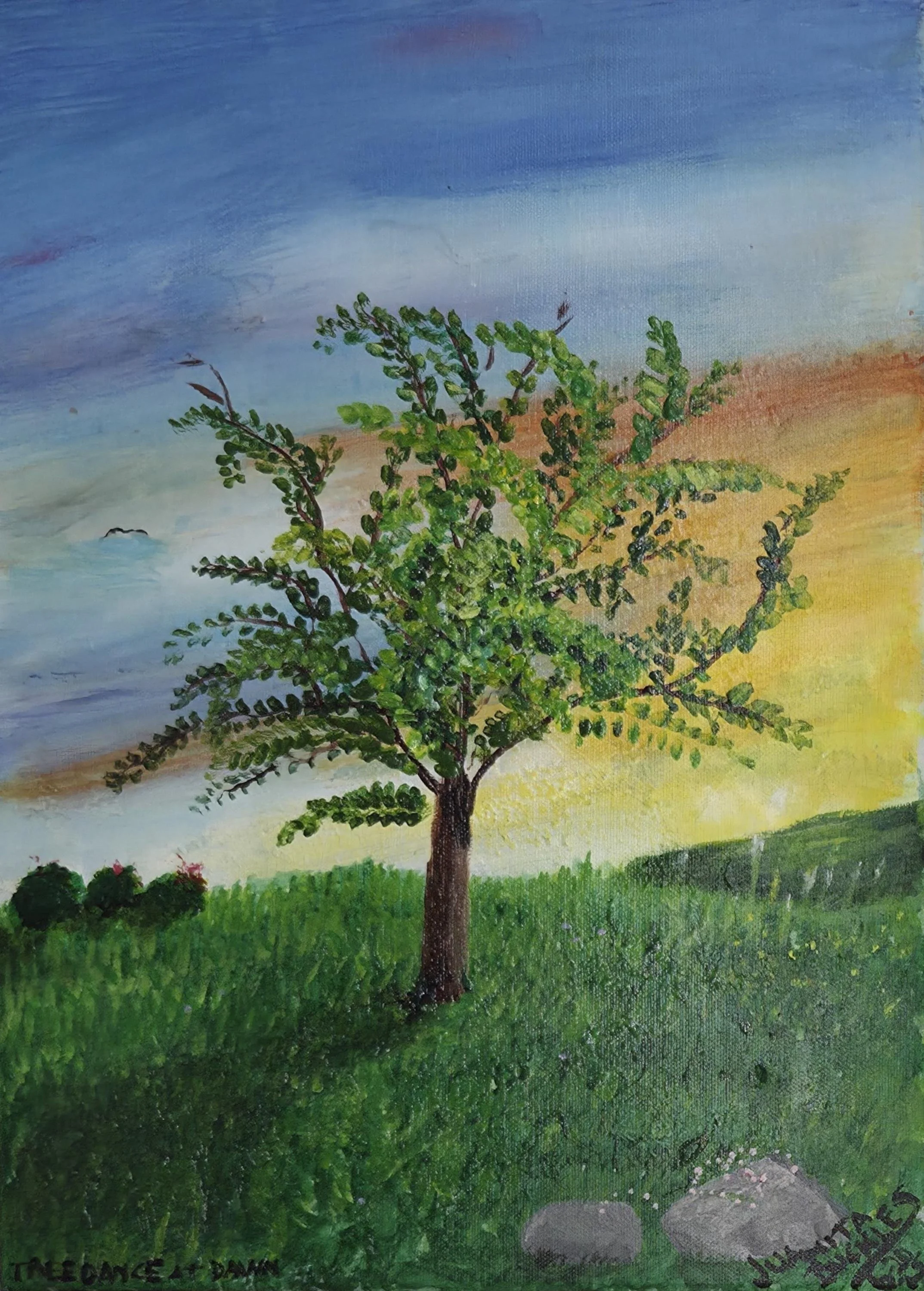 Painting of a tree on a grassy hill with a colorful sky background at sunset or sunrise.
