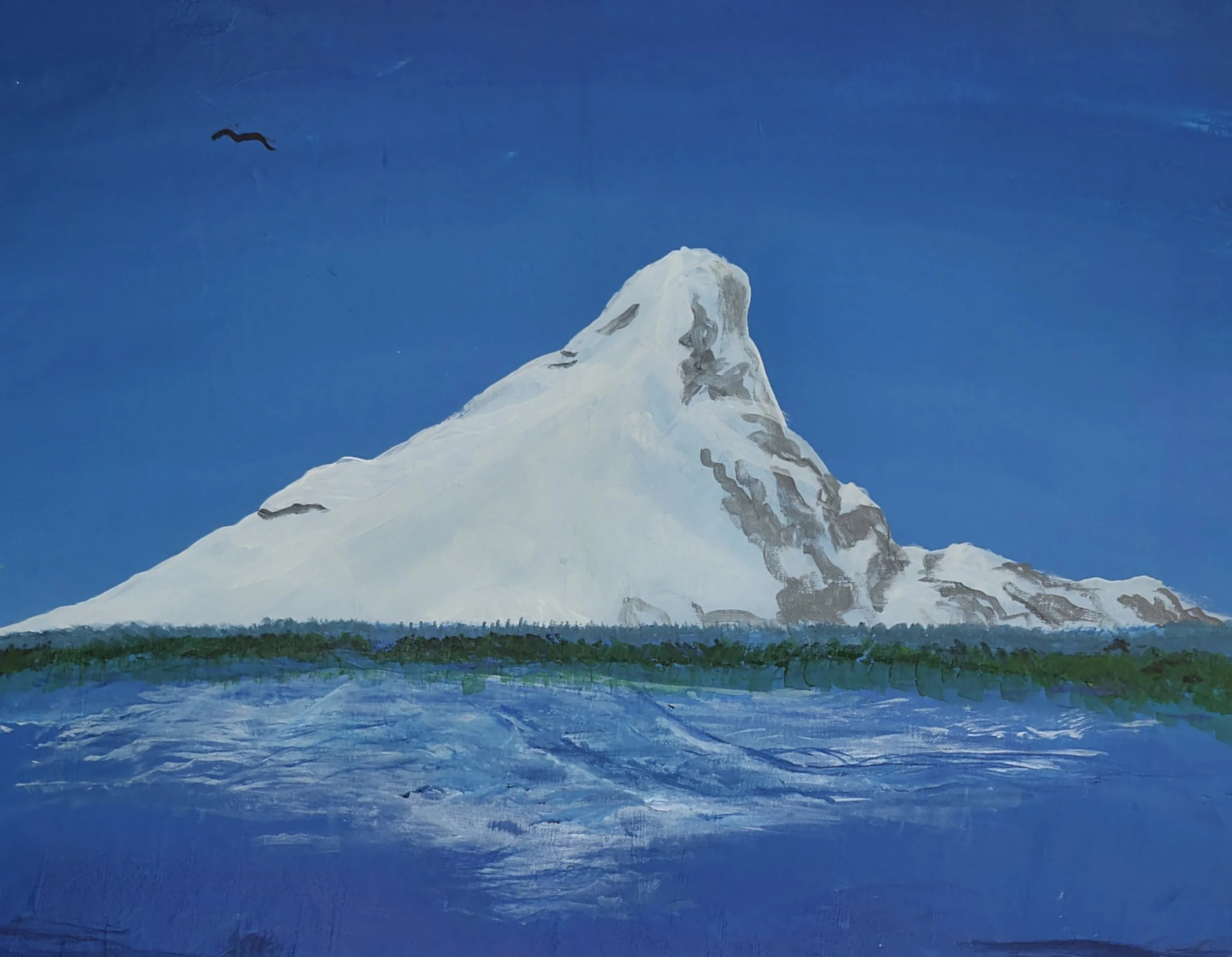 Painting of a snow-capped mountain with a clear blue sky and a bird flying in the background.