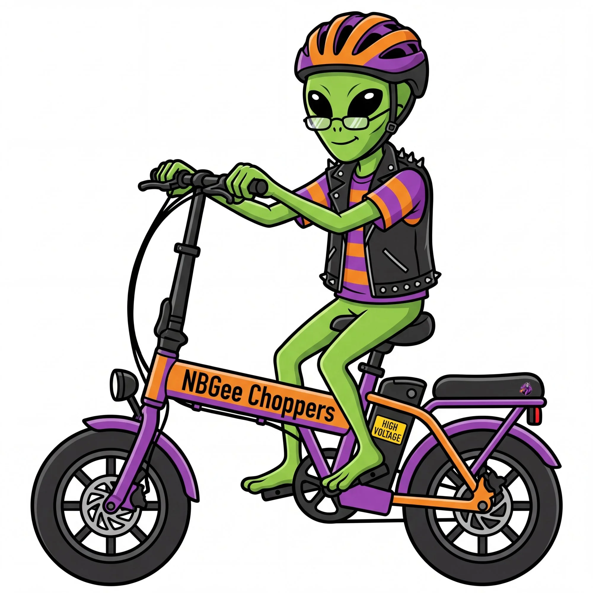An animated green alien riding an electric bicycle with a purple and orange frame, wearing a purple helmet with orange stripes, sunglasses, a black leather vest, and a purple and orange striped shirt.