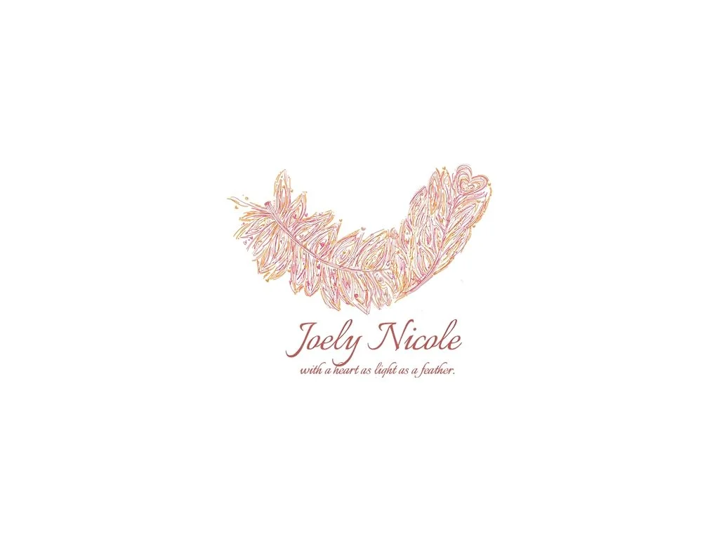 Illustration of a light-colored feather with elegant text below that reads "Joely Nicole" and a tagline "with a heart as light as a feather."