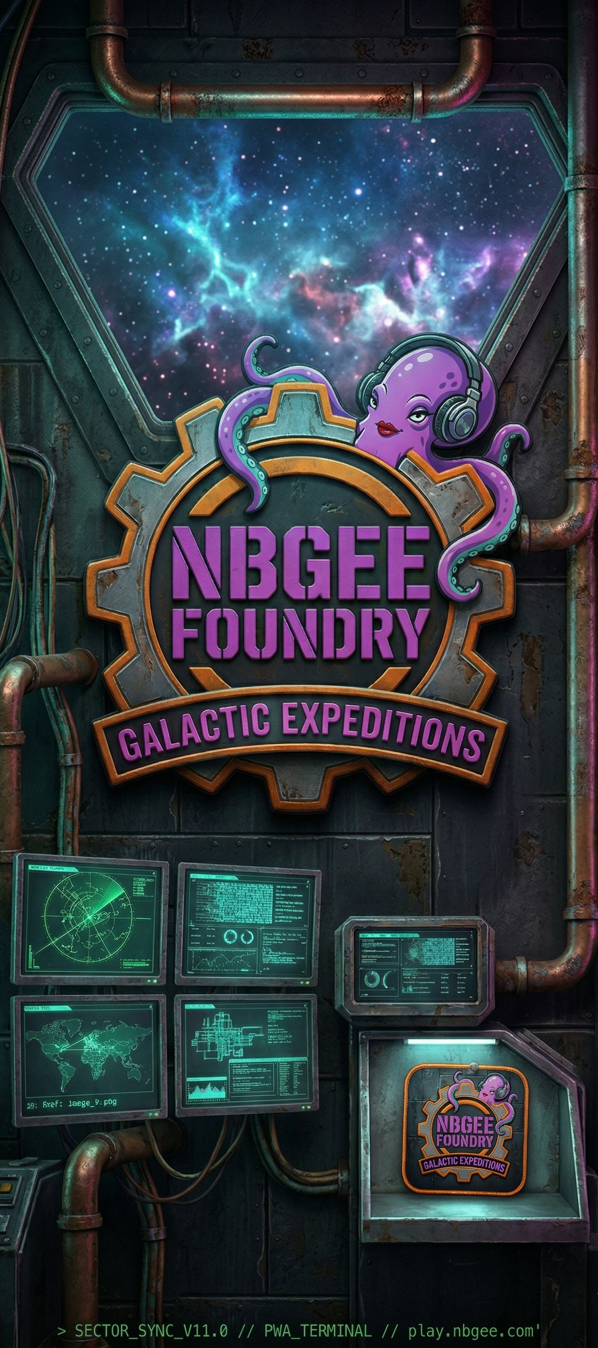 A sci-fi themed control room with a large sign reading 'NBGEE Foundry Galactic Expeditions' featuring a purple octopus mascot wearing headphones. The background shows a window with a view of outer space, stars, and nebulae. Several futuristic computer screens displaying maps and data are below the sign.