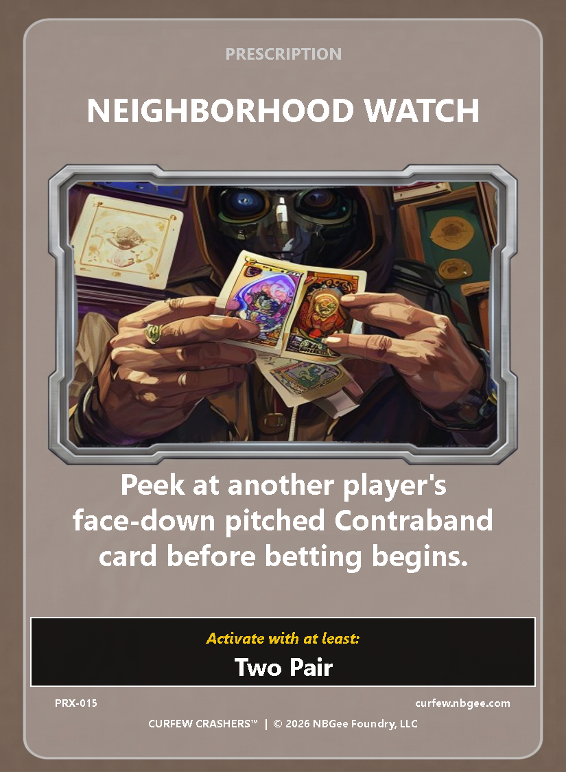 A man dressed as a spy or detective is holding tarot cards, peering at another player's face-down Contraband card in a tabletop game called Neighborhood Watch. The scene is illustrated on a card with the instruction: 'Peek at another player's face-down pitched Contraband card before betting begins.'