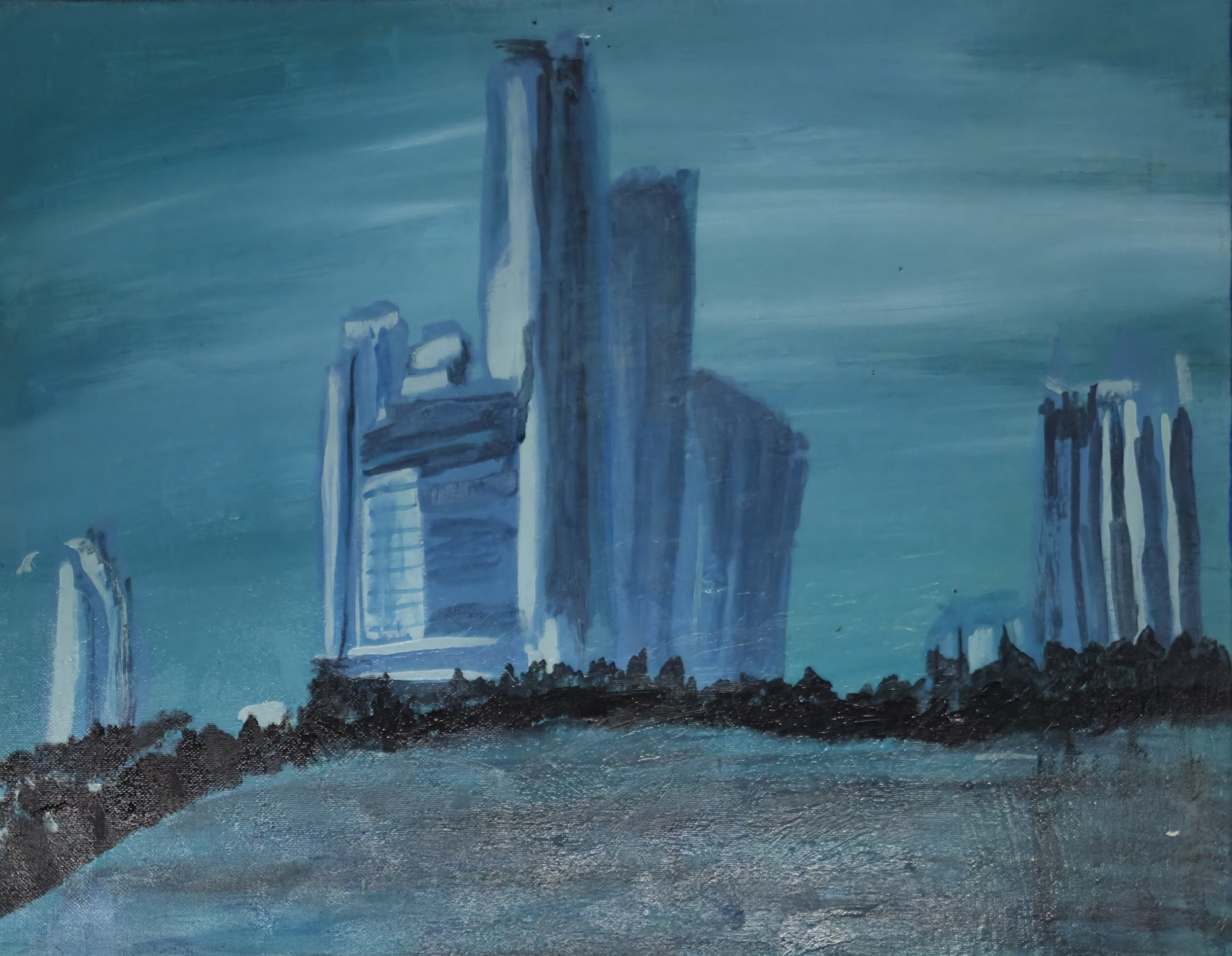 A painting of a city skyline with tall buildings in various shades of blue and a dark foreground.