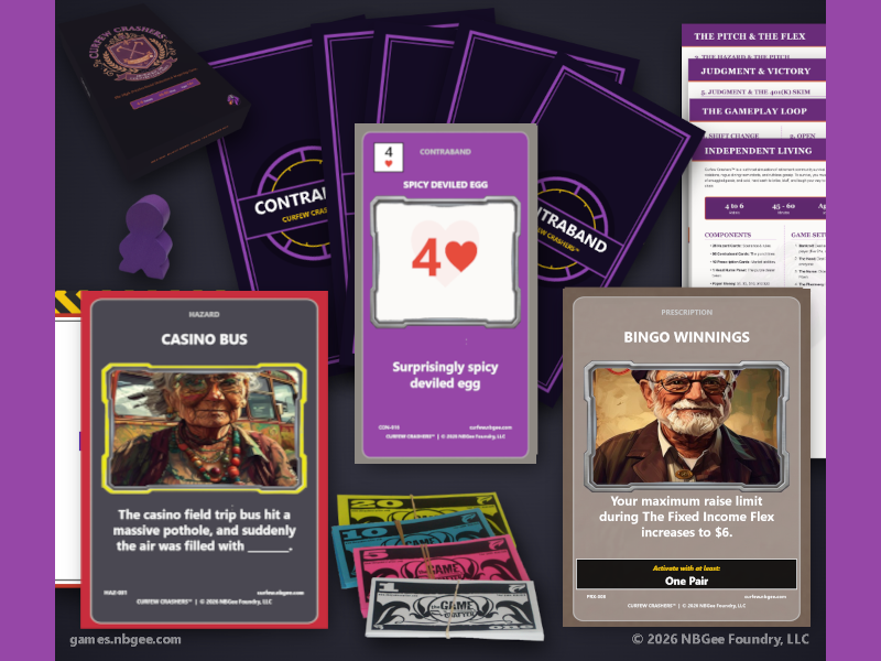 Board game components including player cards, character cards, and game instructions for 'Curfew Crushers' are spread out on a table, with purple and black themed cards, a deck of game cards, and illustrative character images.