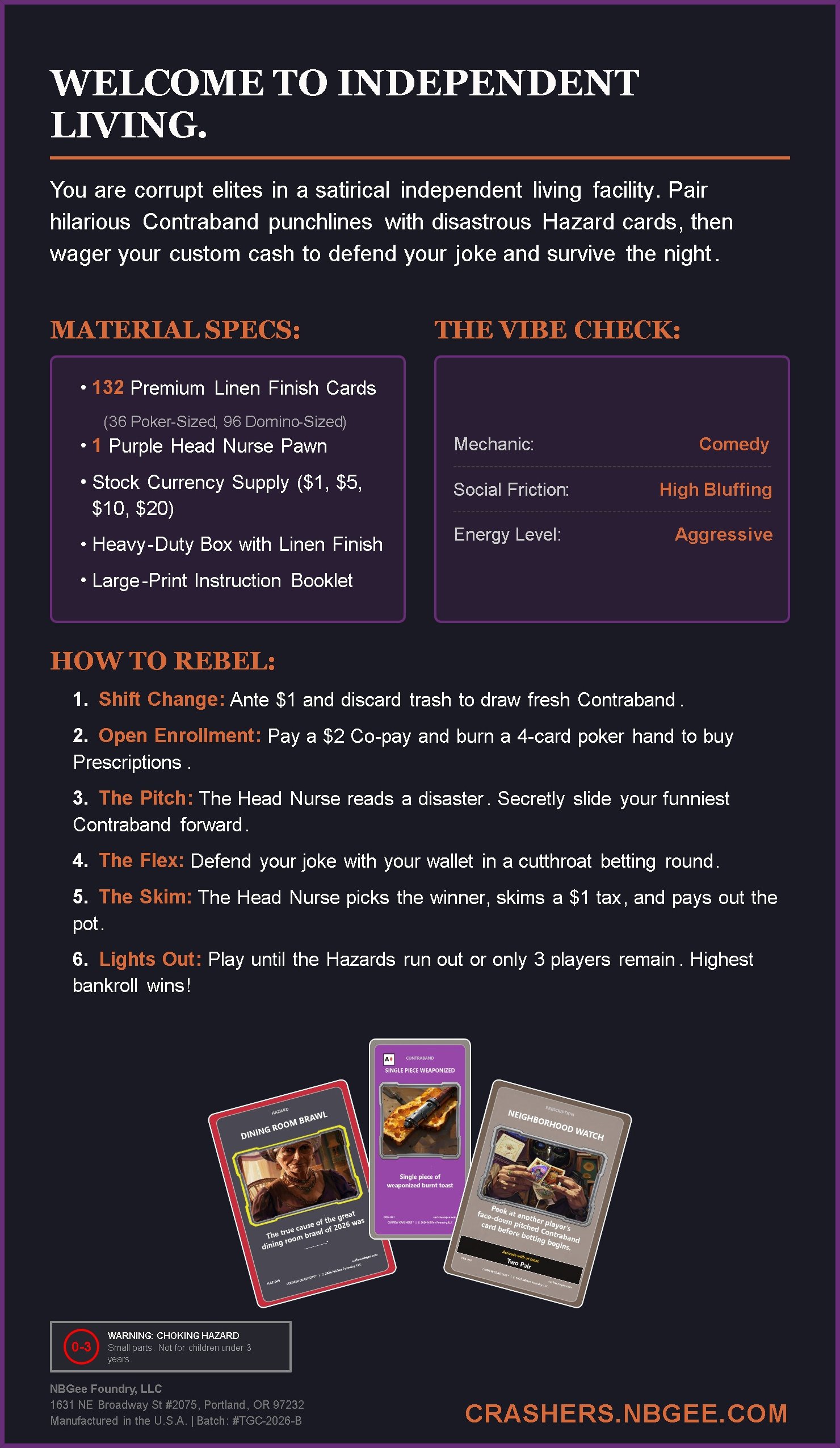 A promotional poster for a satirical independent living facility game, featuring details about game materials, rules, and cards, with game cards displayed at the bottom.