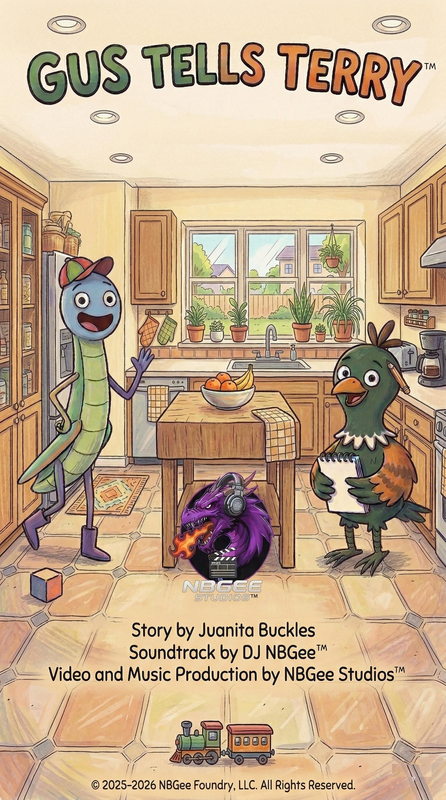 Colorful illustrated cover of a children's book titled 'Gus Tells Terry'. The scene is set in a kitchen with two animated animal characters: a blue insect with large eyes, wearing purple boots and a multicolored cap, and a green and brown bird holding a notebook. There is a purple dragonish creature with headphones and a flaming tongue in the foreground, and a toy train on the floor. The background shows a sunny kitchen with a window, plants, and wooden cabinets.