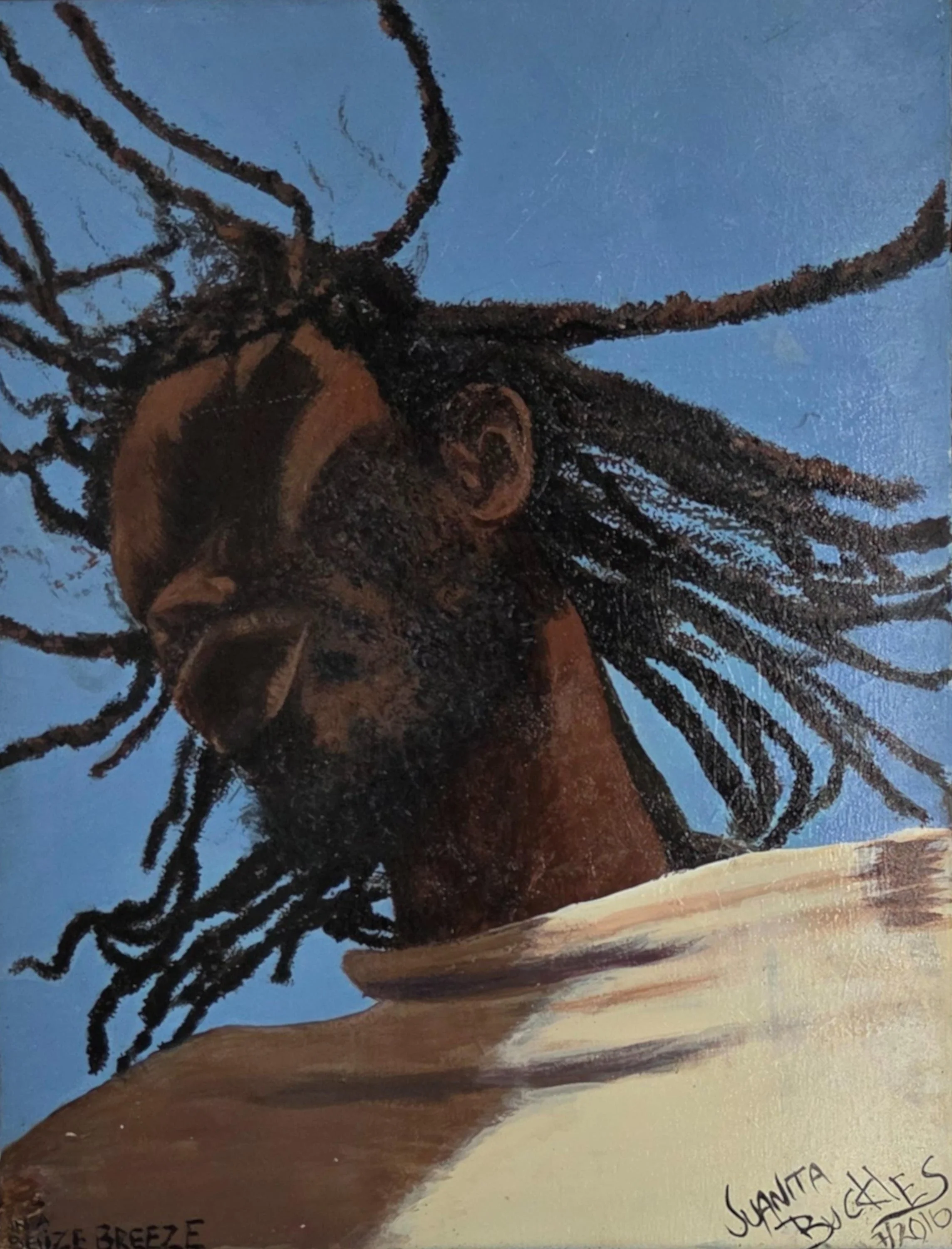 Painting of a woman with long, curly dreadlocks, standing outdoors against a blue sky, with her eyes closed and head tilted downward.