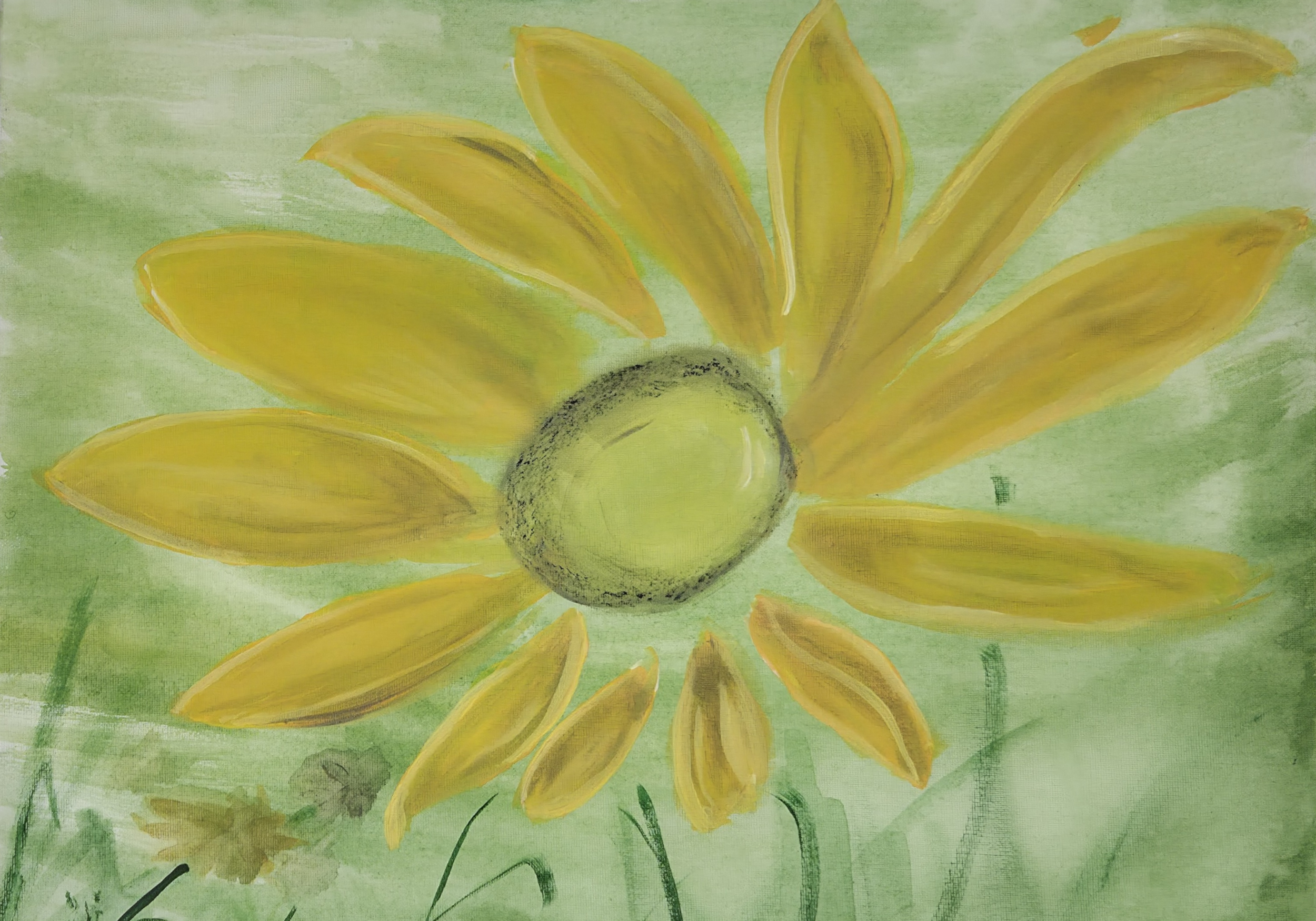 Watercolor painting of a yellow sunflower with a green background.