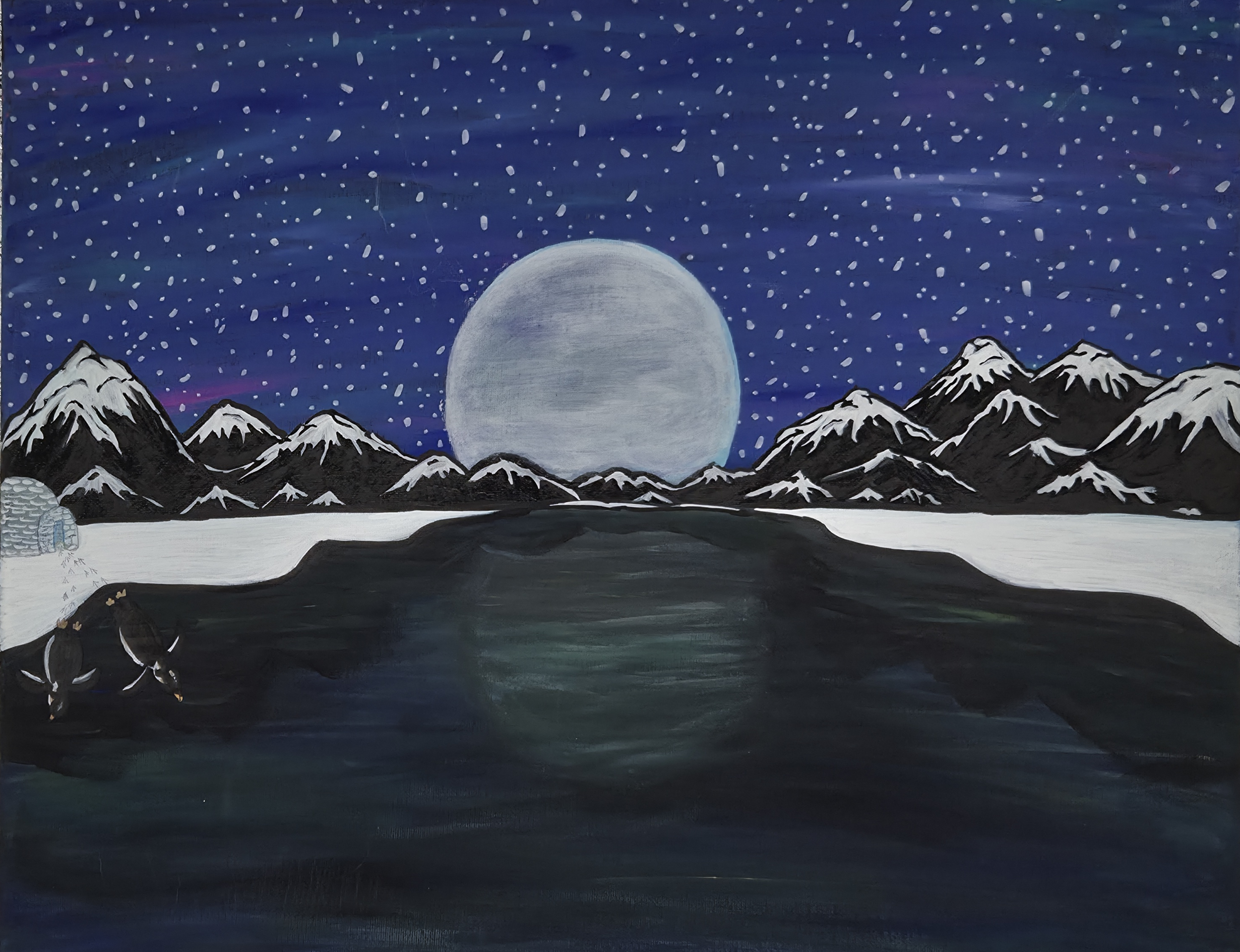Painting of a moonlit arctic landscape with snow-capped mountains, a large moon in the starry sky, and a dark icy river or ocean in the foreground. An igloo and some animals, possibly reindeer, are visible on the left side.