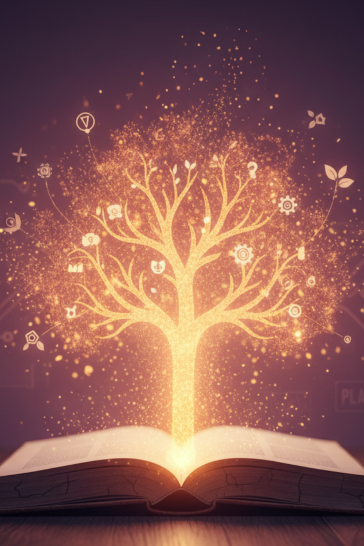 An open book with a glowing tree emerging from its pages, surrounded by sparkling lights and various icons representing knowledge and creativity.