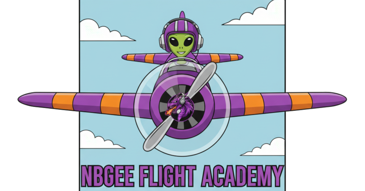 A cartoon alien pilot in a purple and orange airplane, flying through the sky with clouds, promoting NBEE Flight Academy.