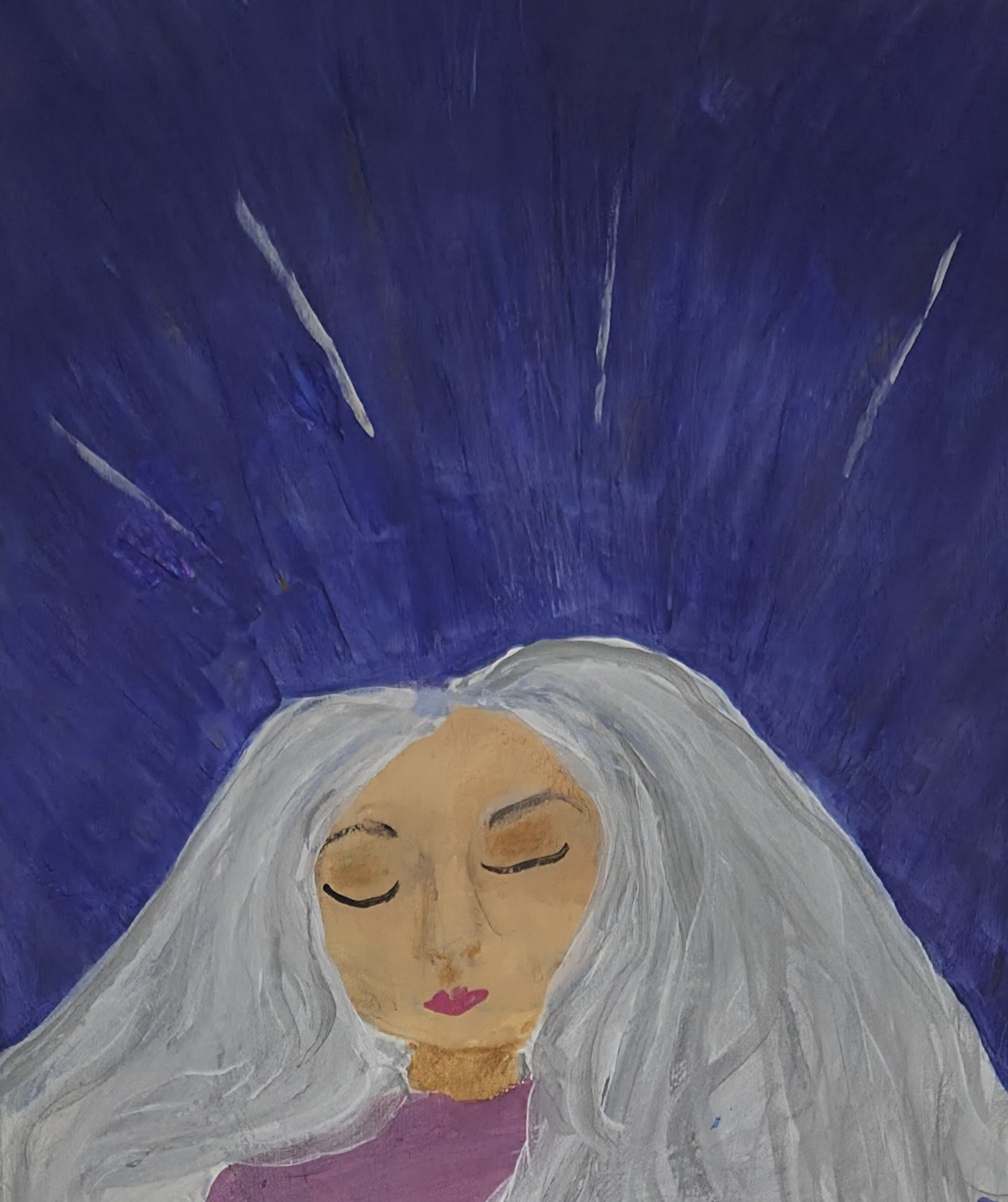 Painting of a woman with long white hair and closed eyes, set against a dark blue background with radiating lines.