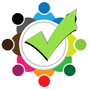 A large green check mark inside a white circle with a gray outline, surrounded by multicolored puzzle pieces forming a background.