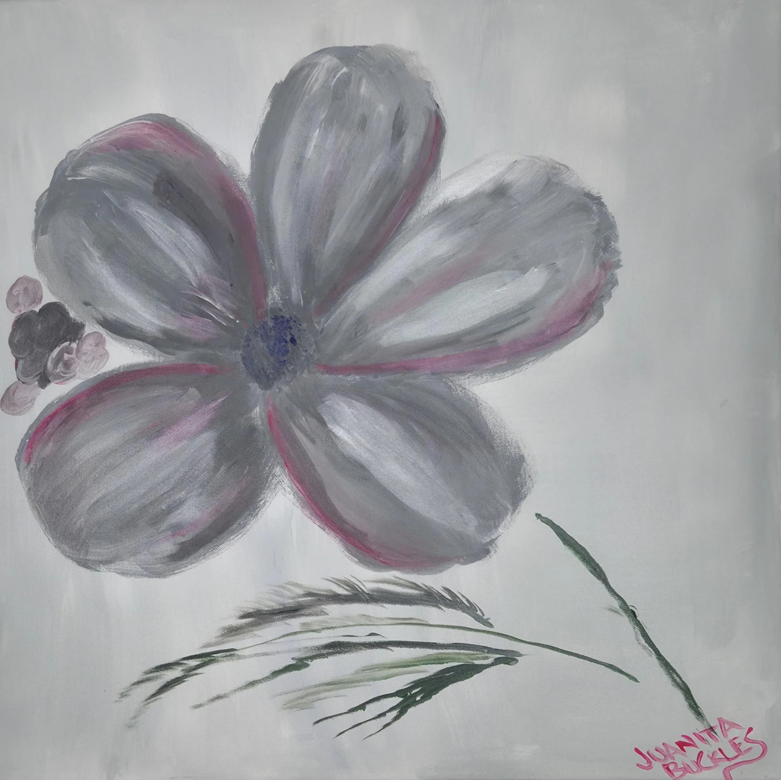 A painting of a large gray flower with pink accents and a purple center, accompanied by smaller flowers and leaves, signed by Juanita Burles.