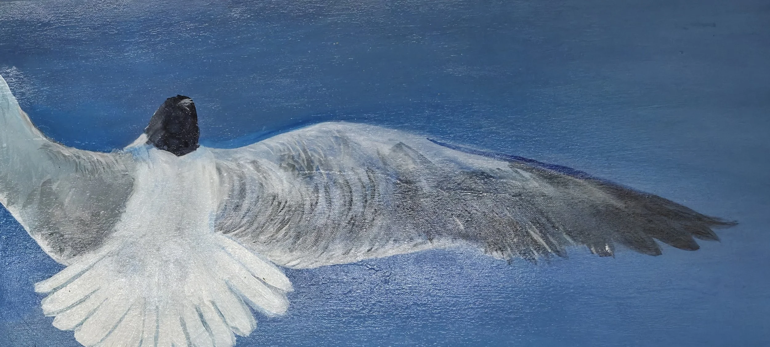 A painting of a bird in flight with outstretched wings against a blue background.