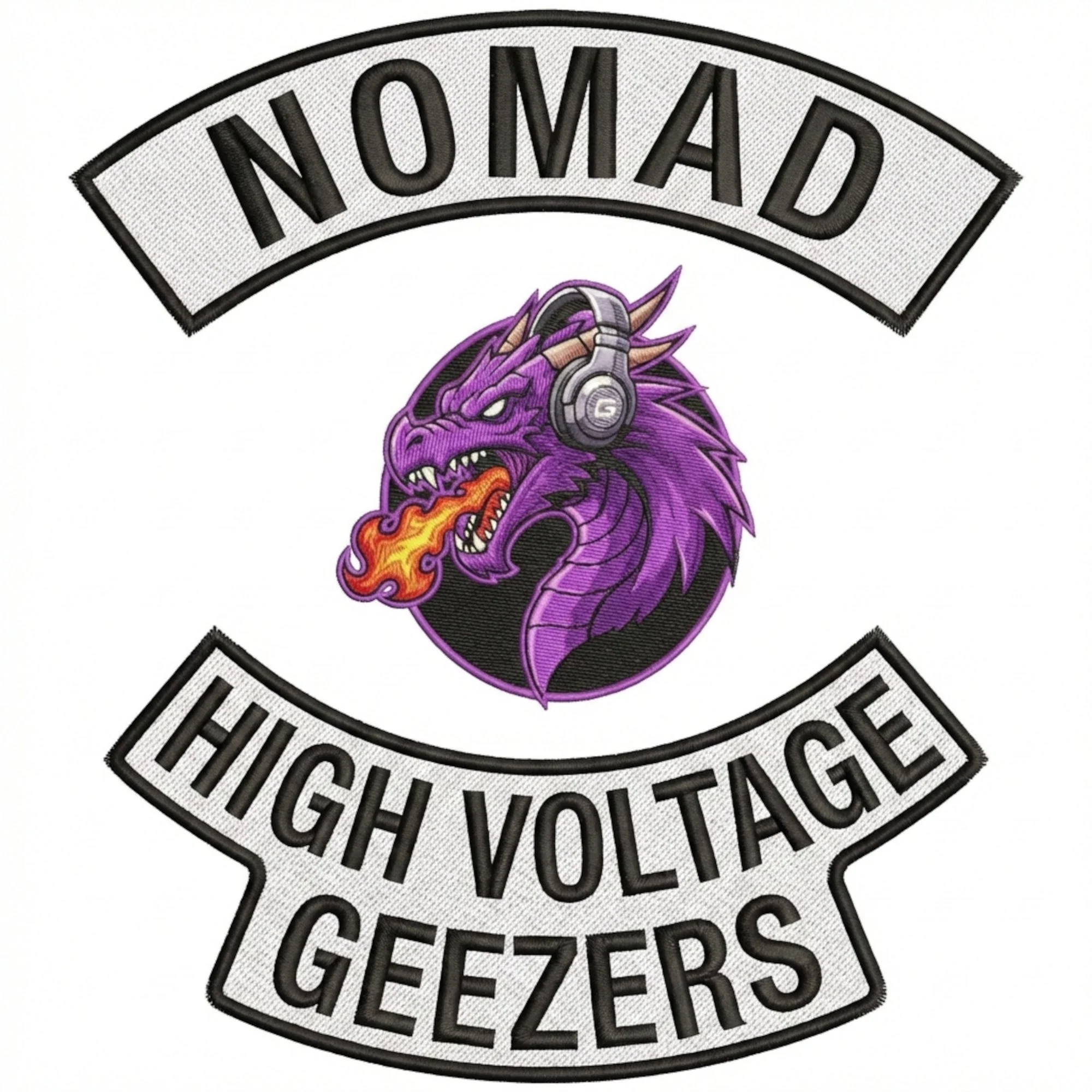 A patch featuring a purple dragon with horns wearing headphones, breathing fire, with the words 'Nomad High Voltage Geezers' around it.
