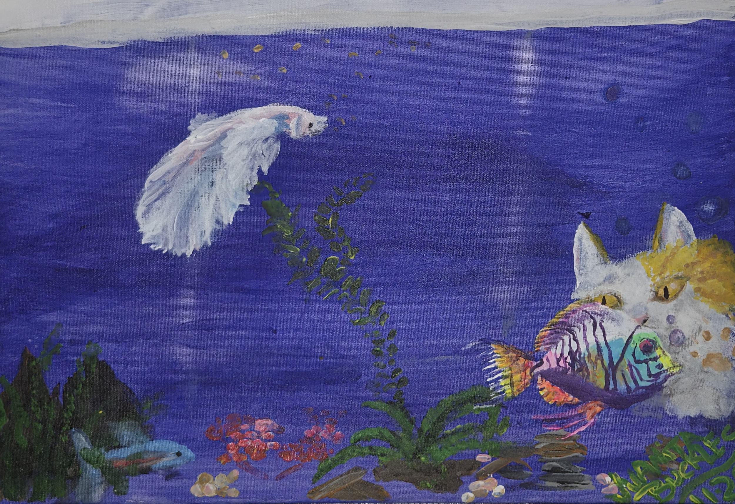 A painted scene with a blue background featuring a fish, a cat, a bird, and several plants.
