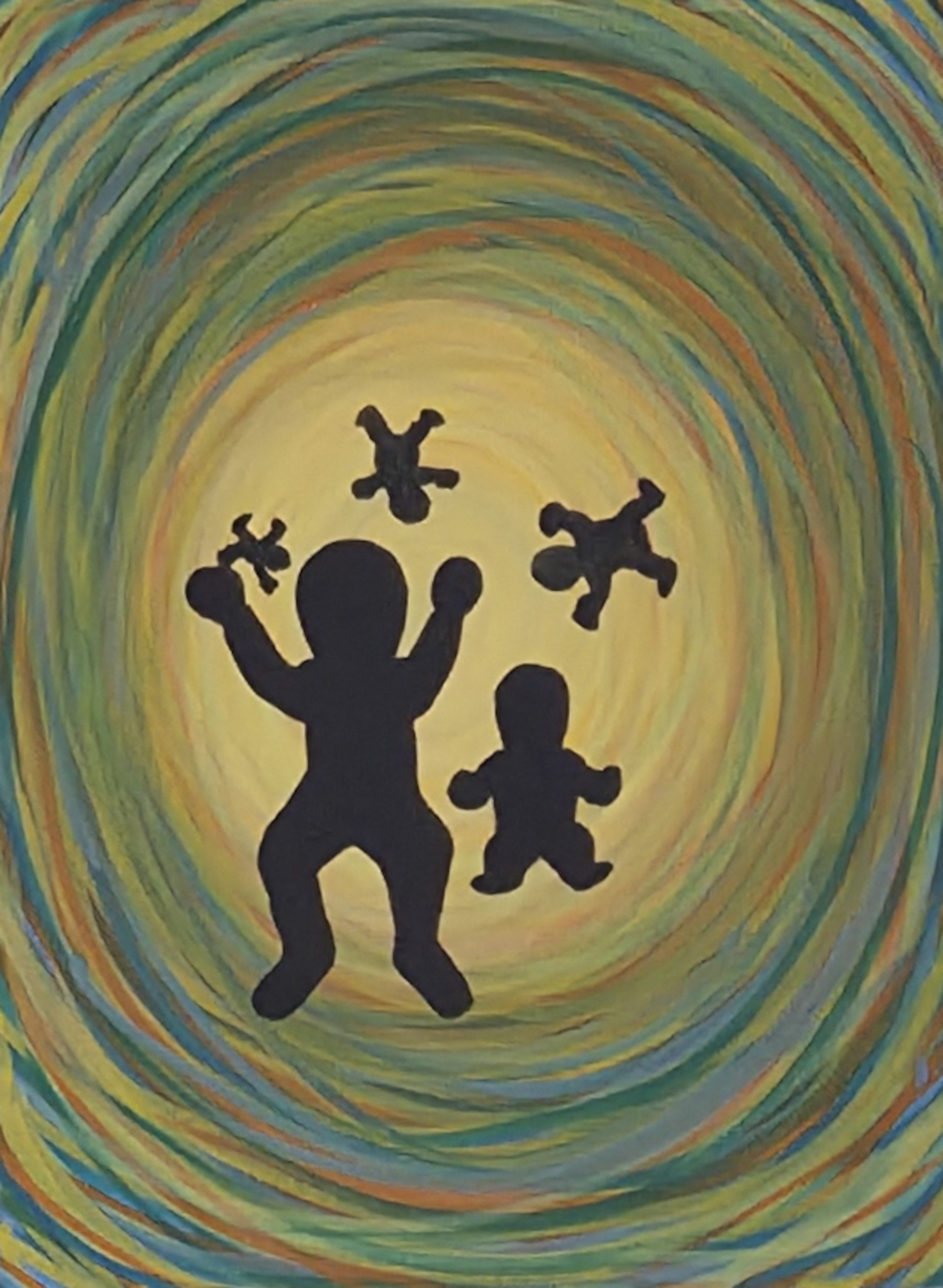 Silhouettes of two children, one larger and one smaller, playing with dolls inside a colorful, swirling background with a yellow core.