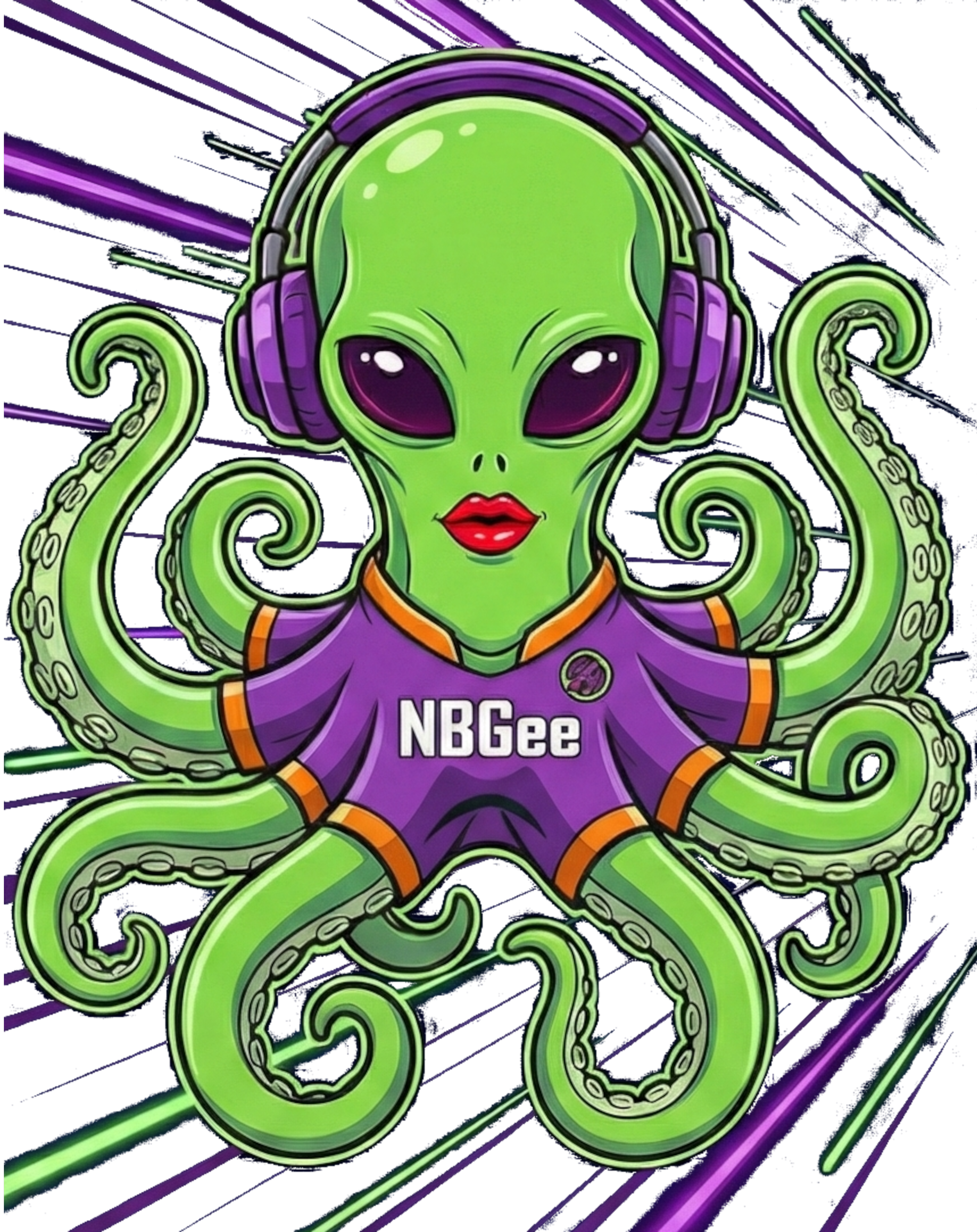 An alien octopus with light green skin and large purple eyes, wearing purple headphones and a purple jersey with 'NBGe' written on it, surrounded by a vibrant, neon-colored digital background.