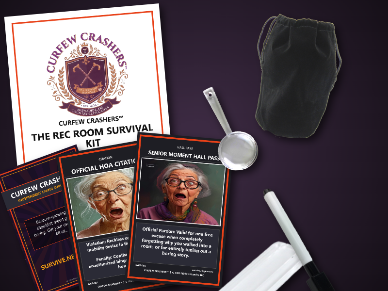 A collection of Curfew Crashers survival kit items, including a logo certificate, hall pass cards, a small metal saucepan, a black drawstring bag, a white dry erase marker, and a notepad.