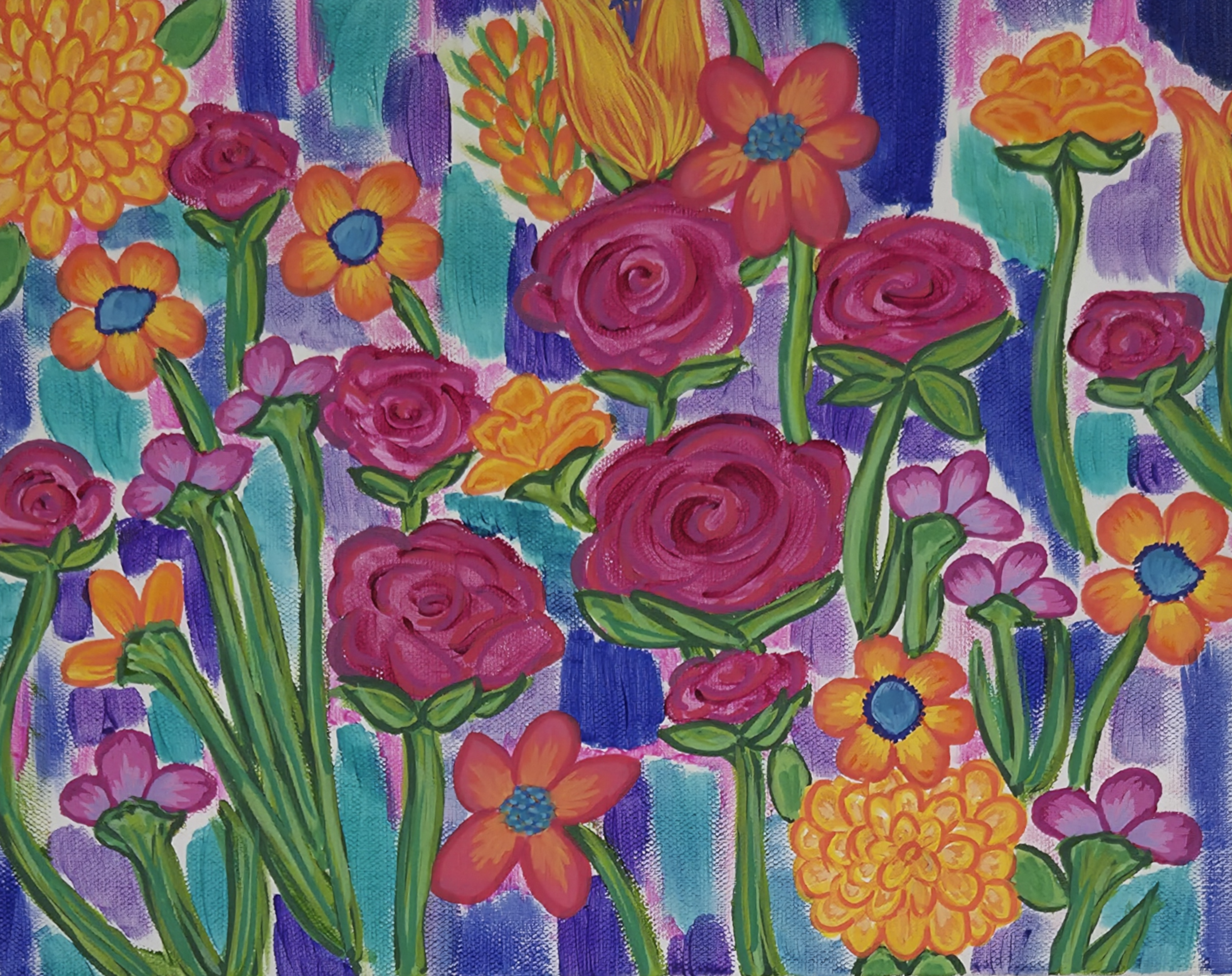 A vibrant floral painting featuring pink roses, orange and yellow flowers, and green stems set against a colorful purple, blue, and teal background.
