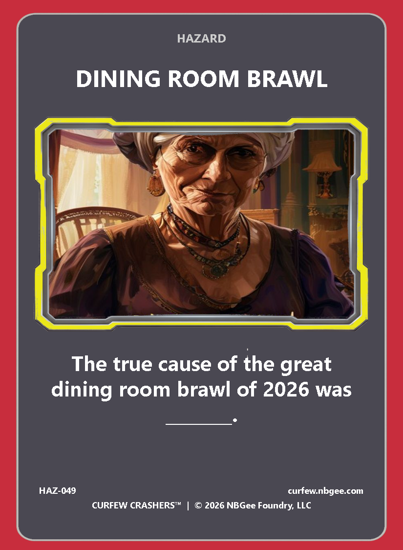A playing card from the 'Hazard' series titled 'Dining Room Brawl,' featuring an illustration of an elderly woman with a stern expression, wearing jewelry, in a dimly lit room with curtains and furniture.