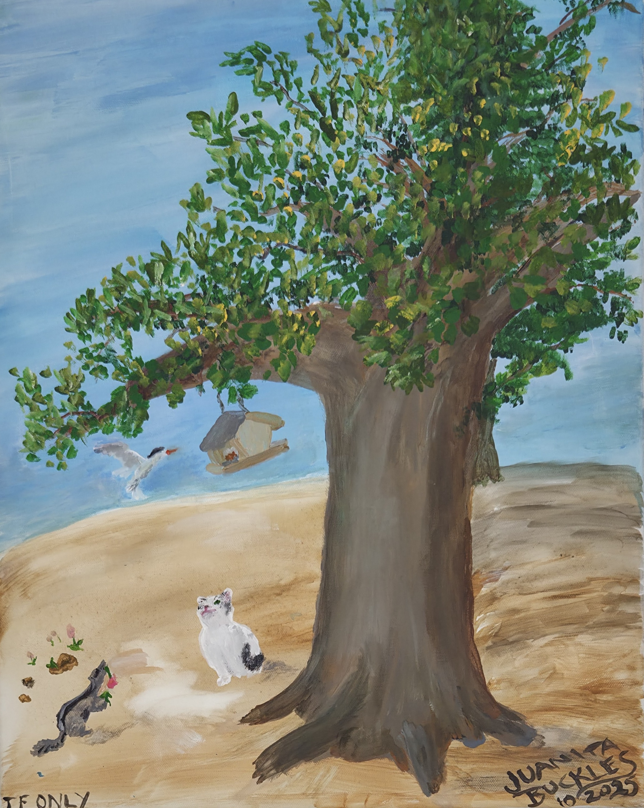 A painting of a large tree on a sandy beach with green leaves, a nest with a bird, a seagull flying, and three cats on the ground, one with a flower in its ears, another with flowers on its head, and a third with a flower on its body. The sky is blue