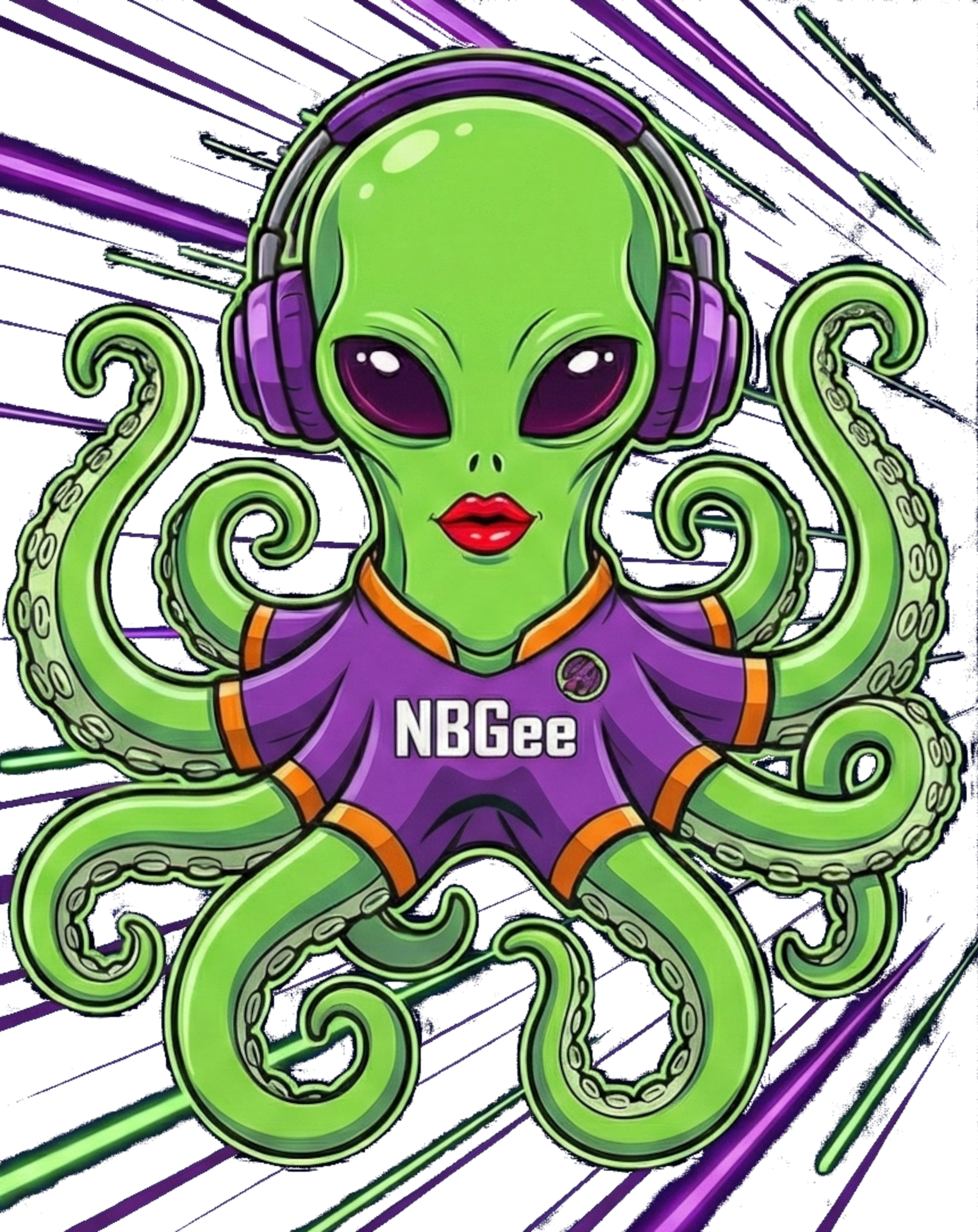 A cartoon-style illustration of an alien octopus with green skin, wearing purple headphones and a purple jersey with 'NBGee' written on it. The alien has large black eyes, red lipstick, and tentacles with suction cups. The background features neon purple and green light streaks.