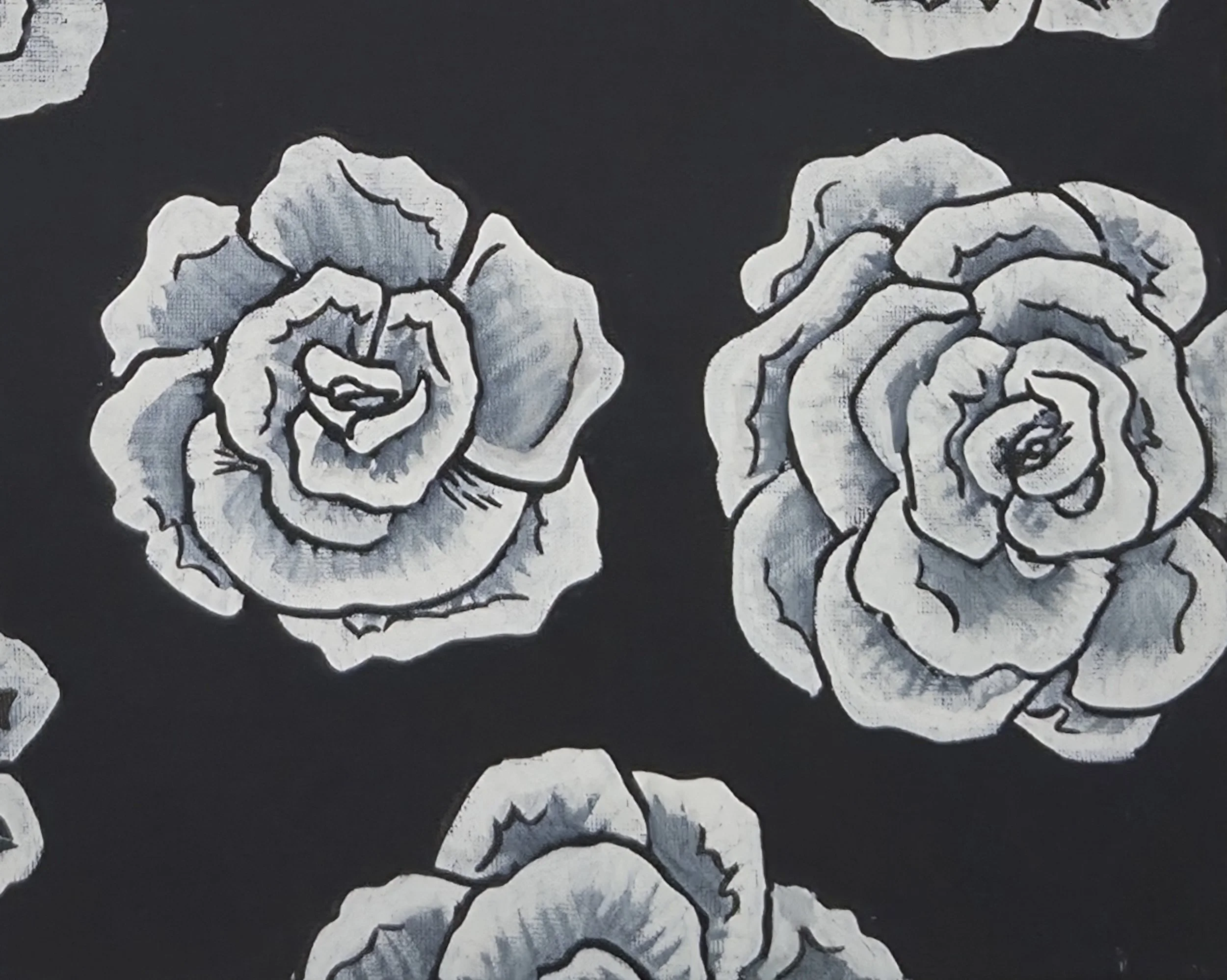 Black and white floral pattern with roses outlined in black on a black background.