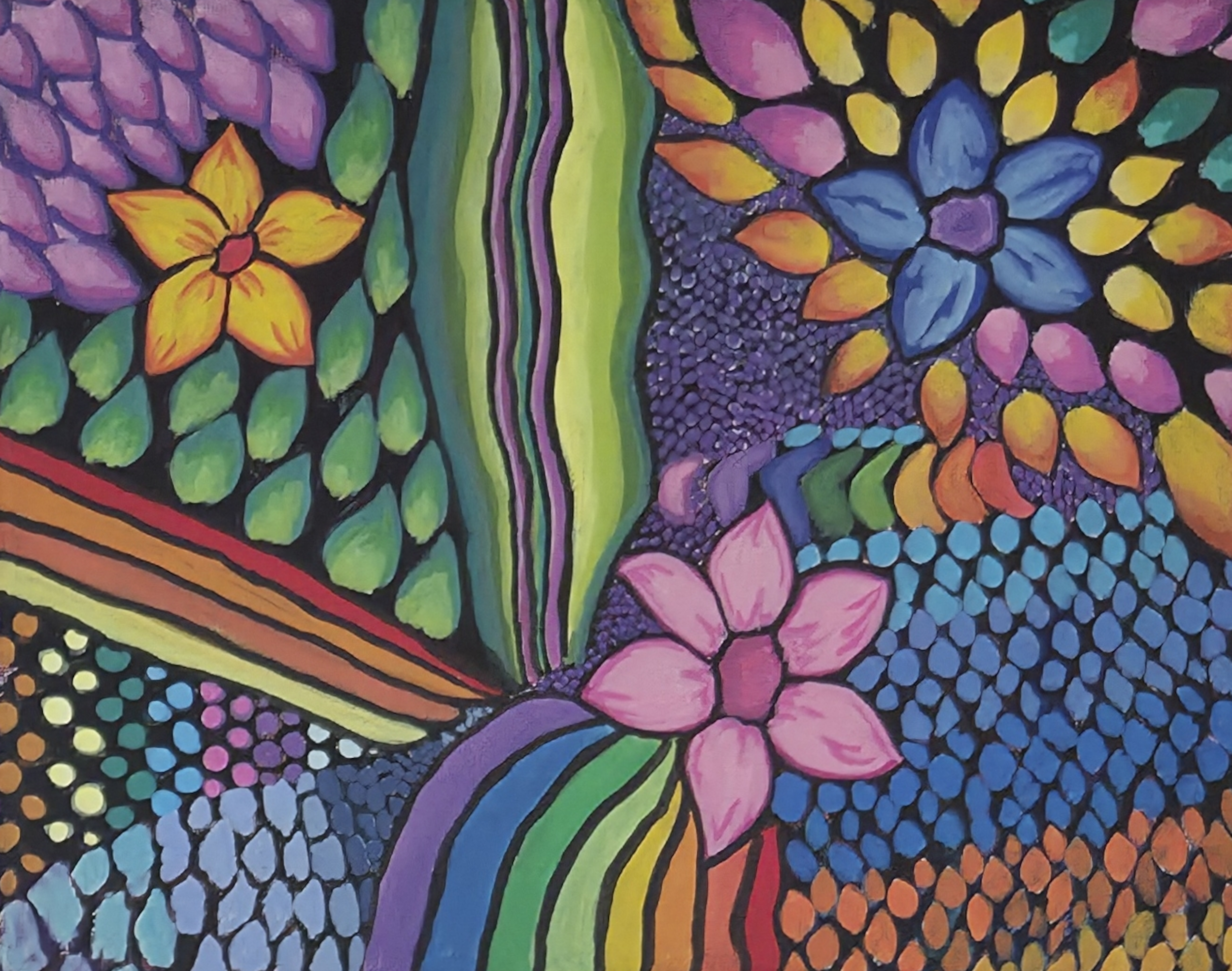 Colorful abstract painting featuring flowers, leaves, and flowing shapes in vibrant shades of pink, purple, blue, yellow, green, orange, and black.
