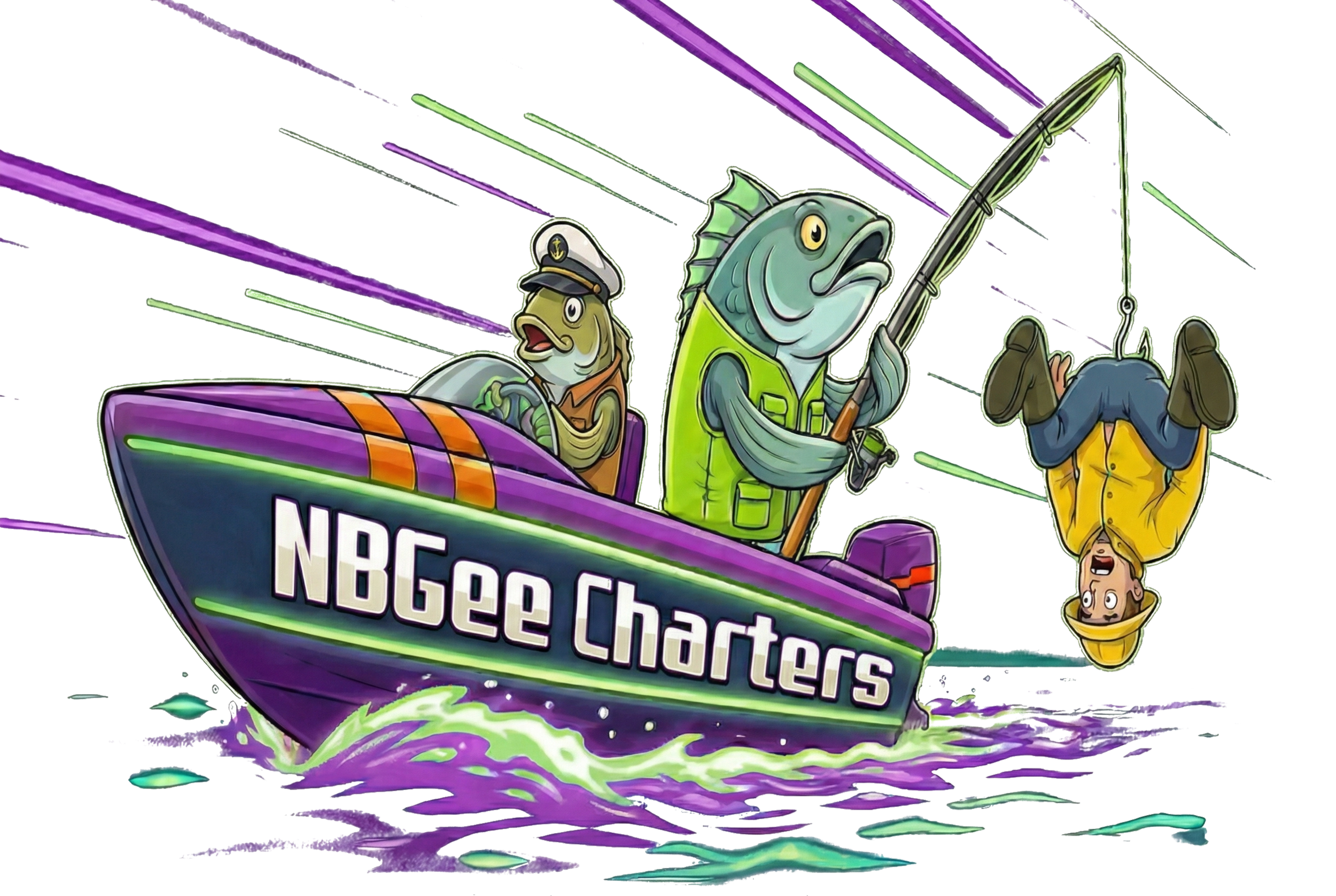 A colorful illustration of a boat labeled "NBGee Charters" with anthropomorphic fish and a human. One fish is wearing a captain's hat and glasses, steering the boat. The other large fish is fishing with a rod. A man in a yellow jacket and blue pants 