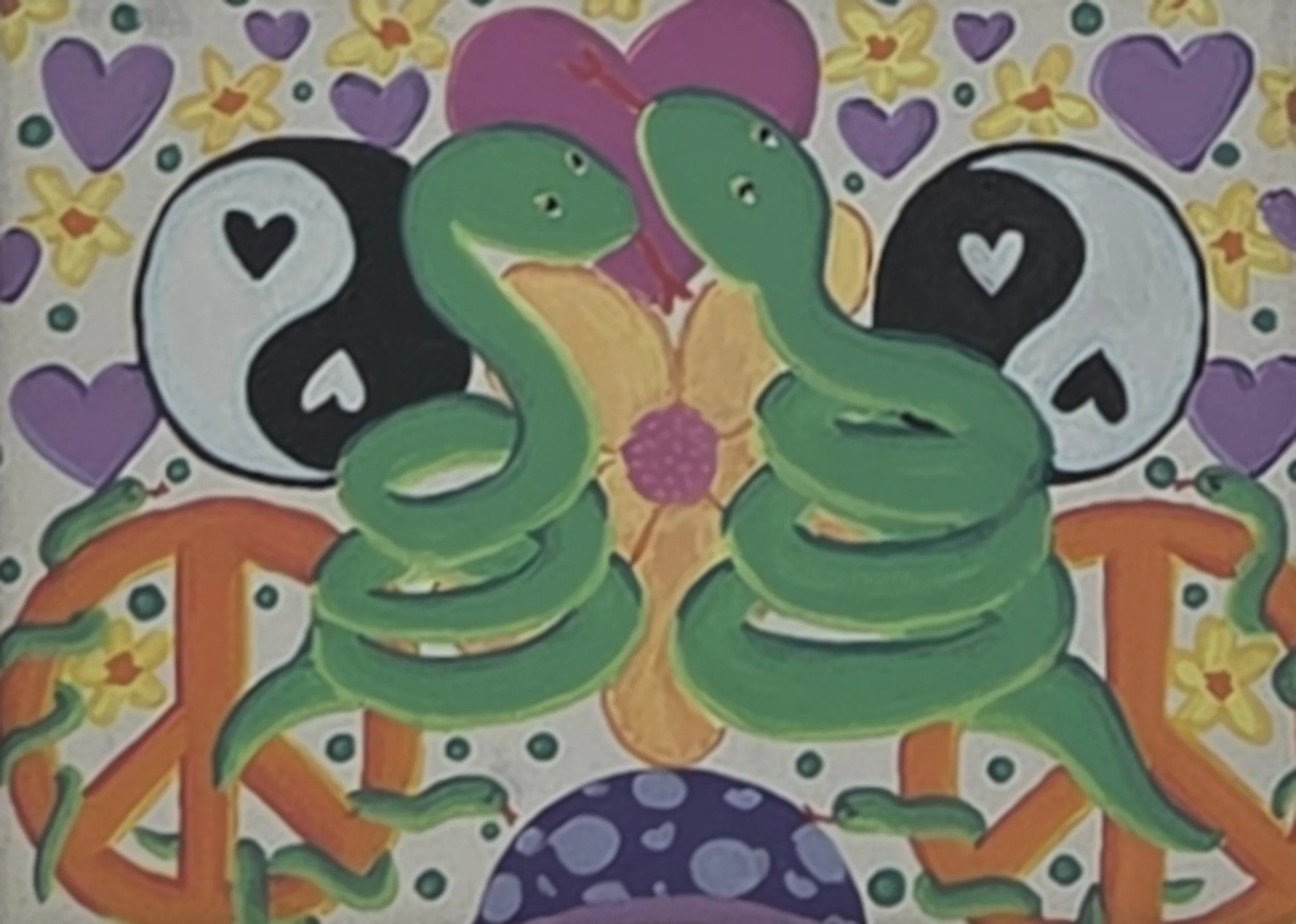 Colorful artwork featuring two green snakes with pink heads, intertwined in the center with a purple flower. The background includes purple hearts, skulls with black hearts in the eyes, orange peace signs, and various decorative elements.