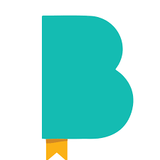 Large teal letter B with a small yellow bookmark at the bottom