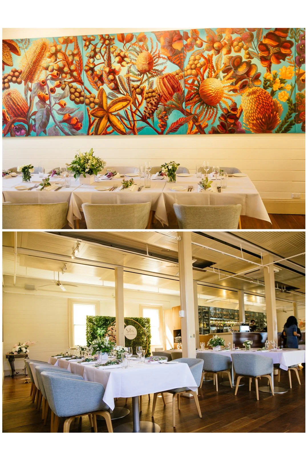 Two images of decorated dining spaces for a special event. The first features a wall mural with vibrant botanical artwork above a long table set with white tablecloths, floral centerpieces, and place settings. The second shows another dining area wit