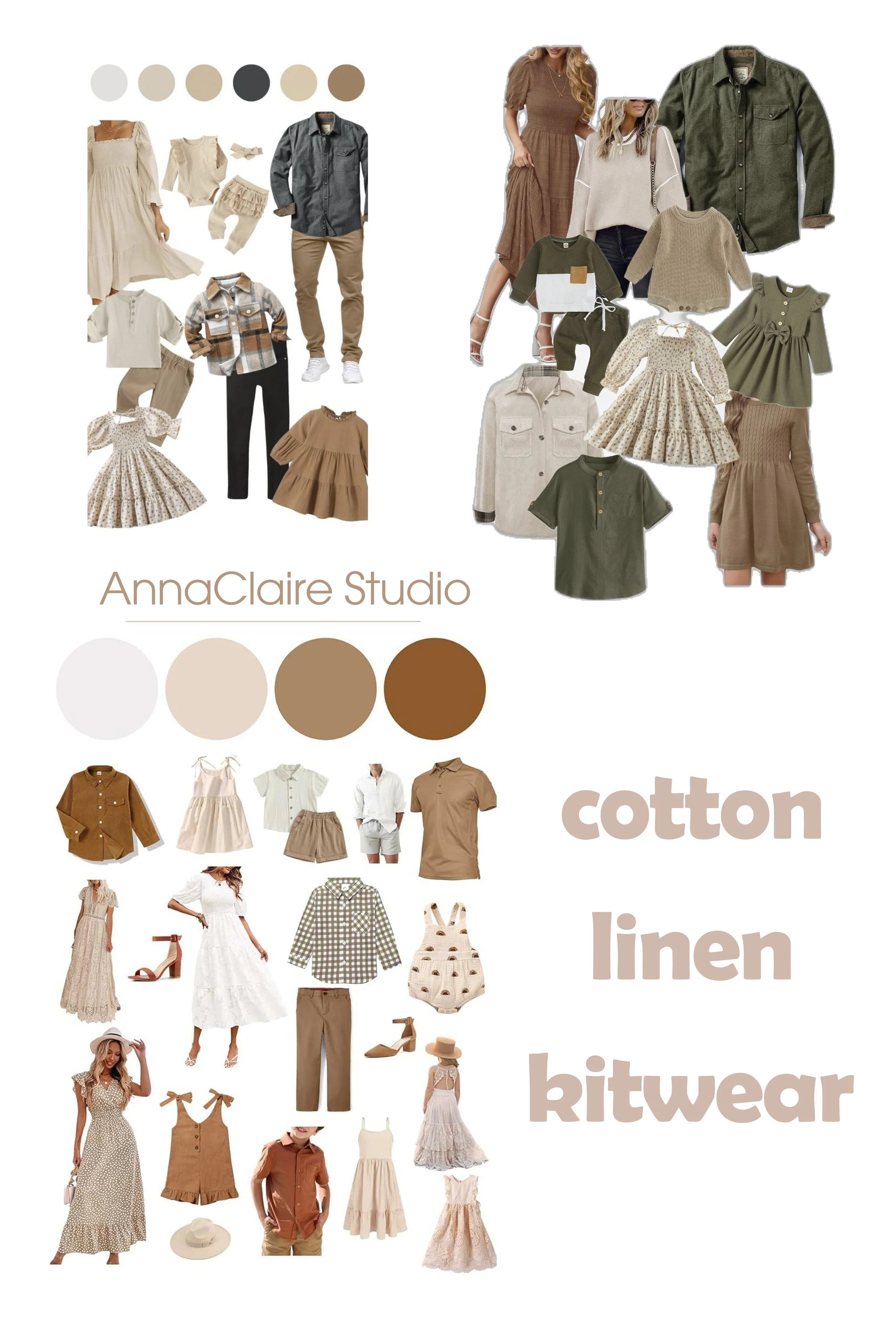 Display of children's clothing made from cotton, linen, and kitwear, with a color palette of beige, cream, tan, and brown, featuring various outfits and accessories.